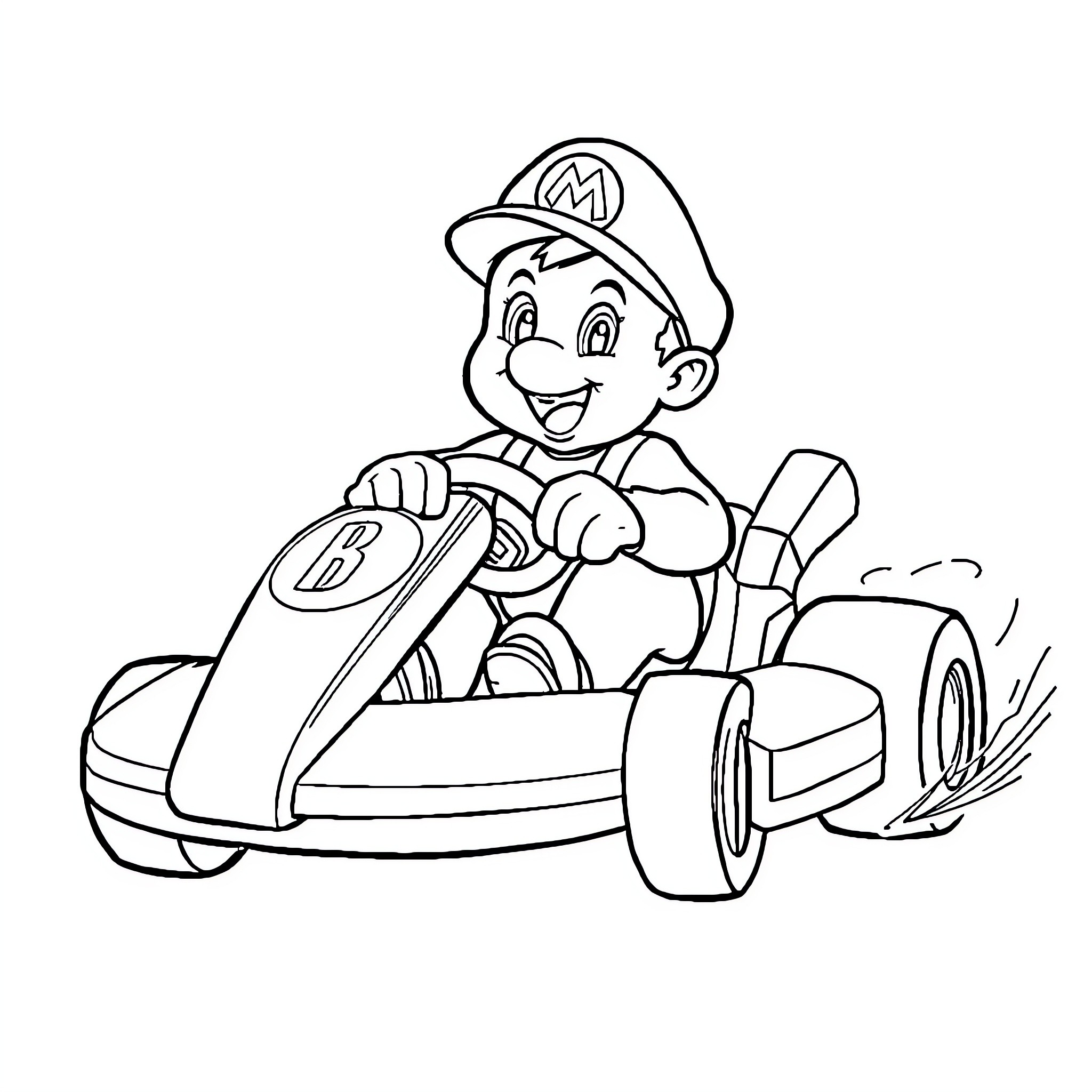 Baby plumber racing in a go-kart Coloring Page (free black-and-white line drawing printable PDF for all, from beginners to advanced learners, including children, teens, adults, and seniors)