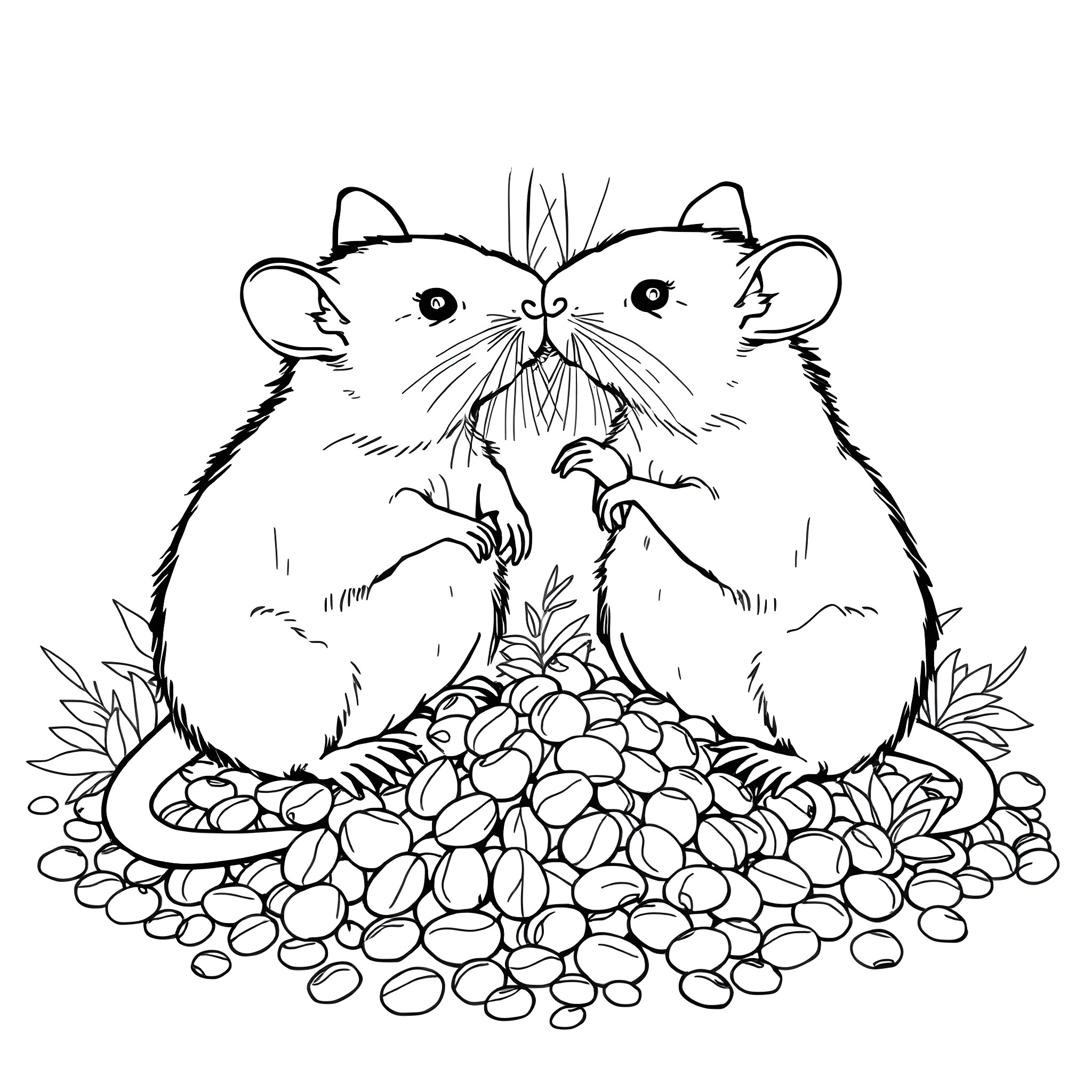 Rat exploring treasure trove of nuts and berries Coloring Page (free black-and-white line drawing printable PDF for all, from beginners to advanced learners, including children, teens, adults, and seniors)