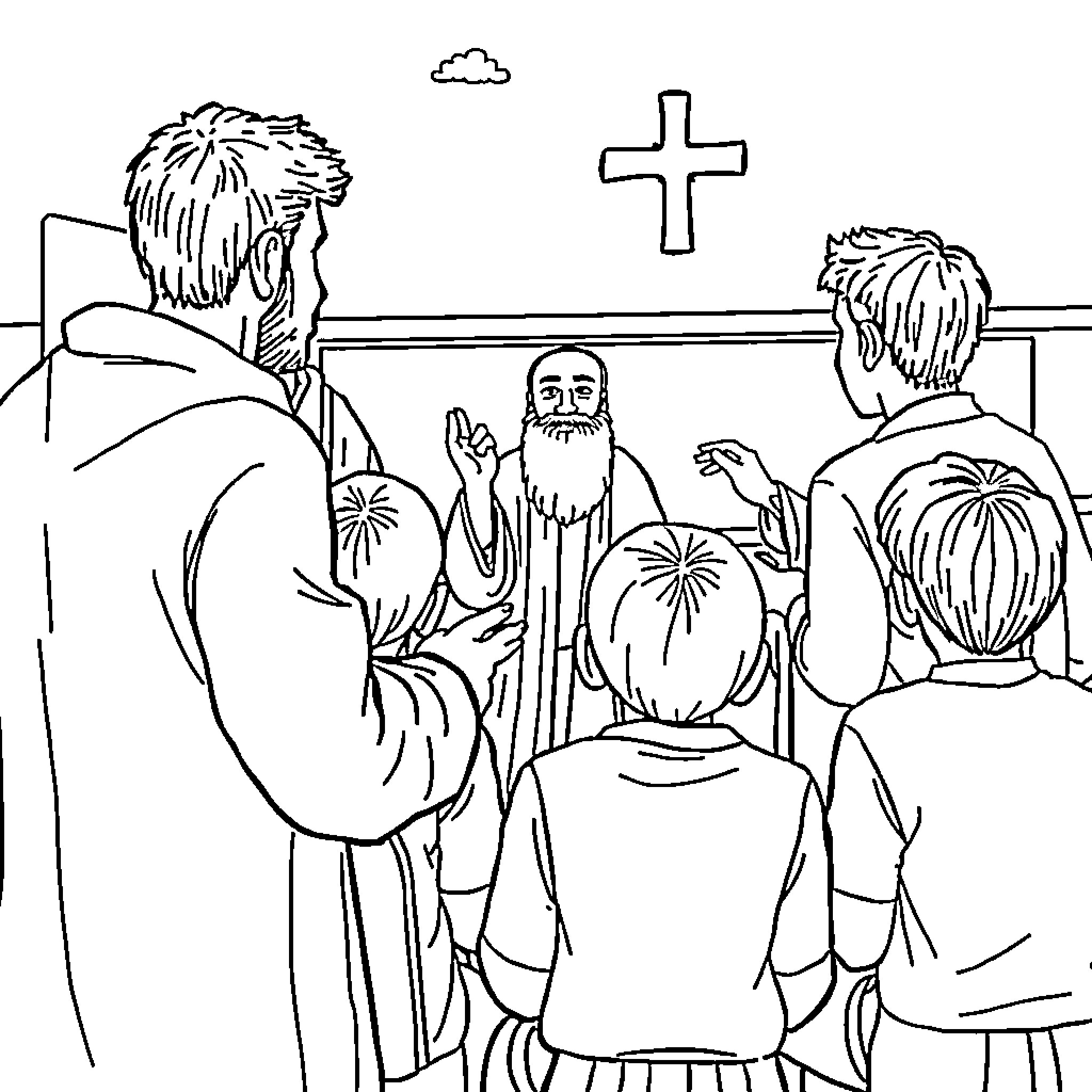 Rumi's followers gather in a religious service Coloring Page (free black-and-white line drawing printable PDF for all, from beginners to advanced learners, including children, teens, adults, and seniors)