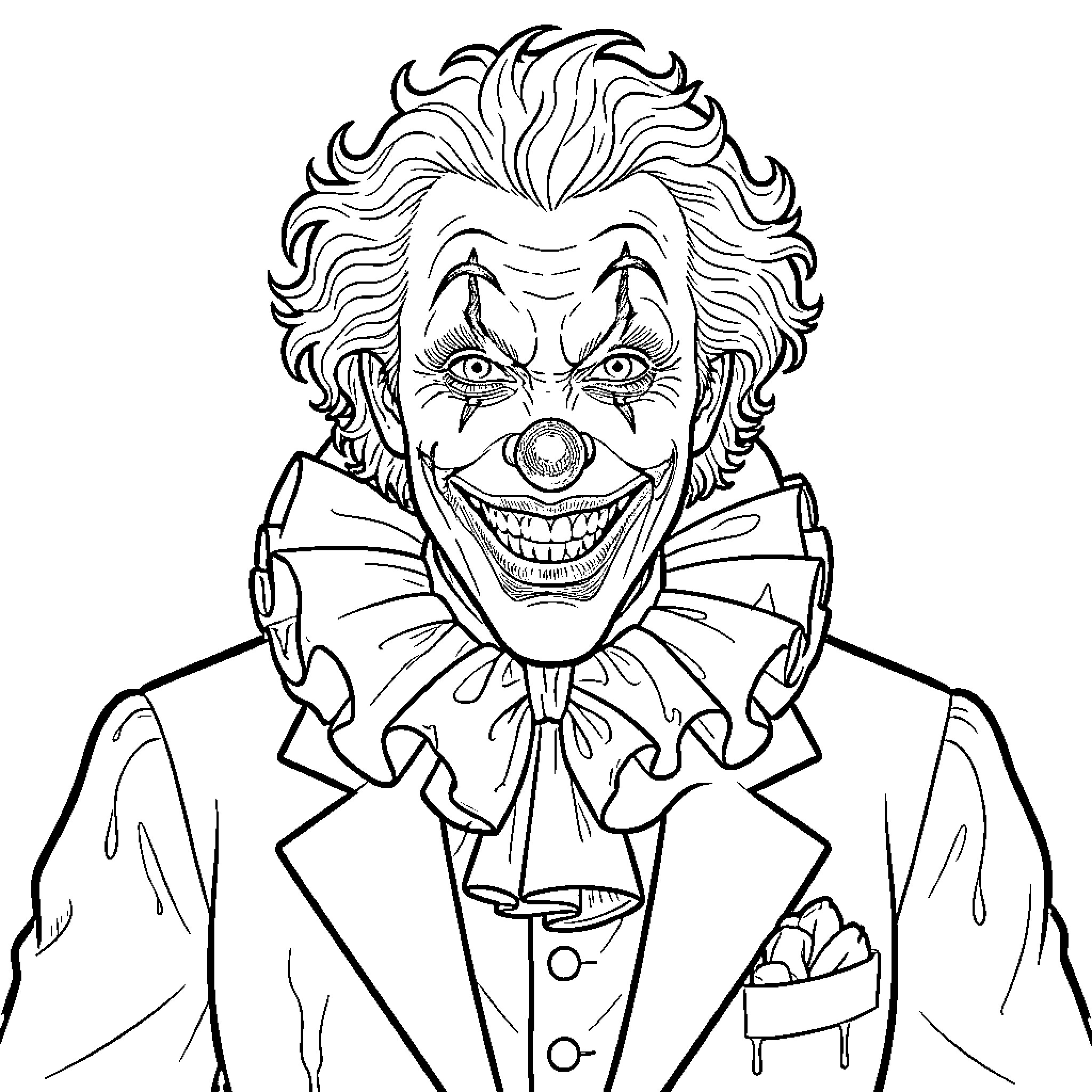 Joker with a sinister grin and ruffled collar Coloring Page (free black-and-white line drawing printable PDF for all, from beginners to advanced learners, including children, teens, adults, and seniors)