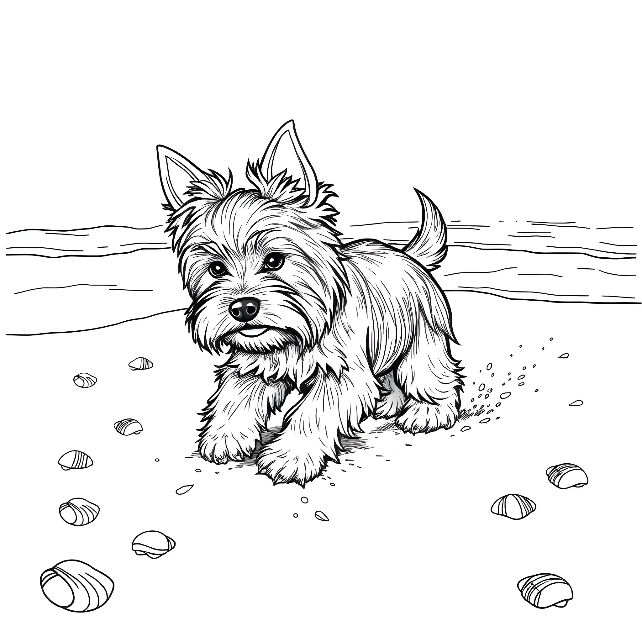 Yorkie puppy exploring the beach Coloring Page (free black-and-white line drawing printable PDF for all, from beginners to advanced learners, including children, teens, adults, and seniors)