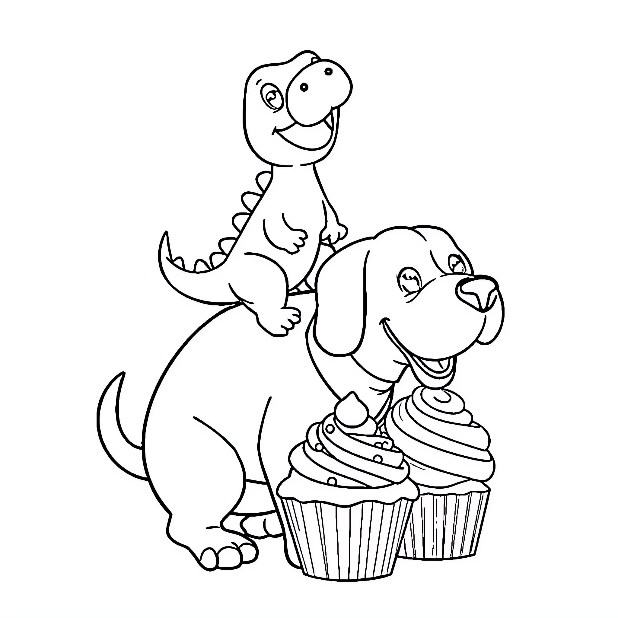 Dinosaur enjoying tasty cupcakes with dog companion Coloring Page (free black-and-white line drawing printable PDF for all, from beginners to advanced learners, including children, teens, adults, and seniors)