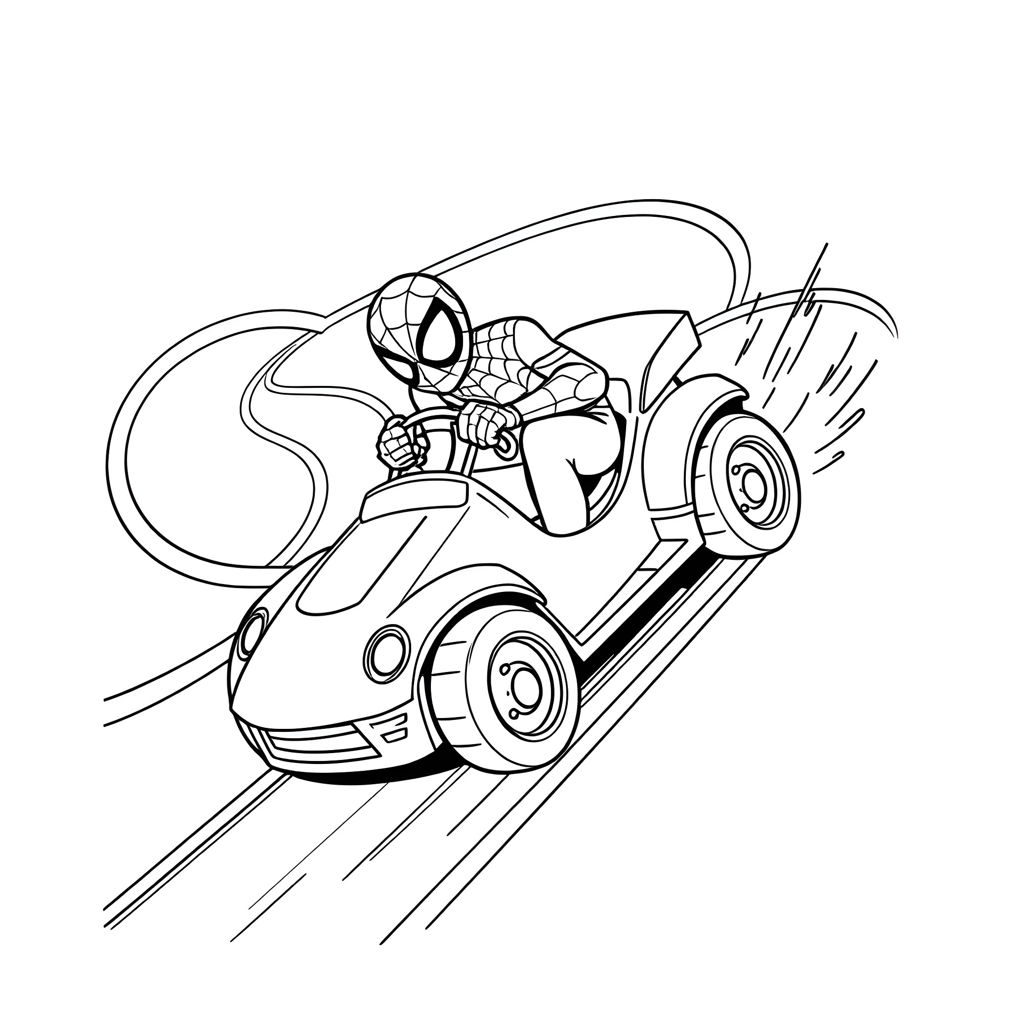 Spiderman zipping through the city in a fast car Coloring Page (free black-and-white line drawing printable PDF for all, from beginners to advanced learners, including children, teens, adults, and seniors)