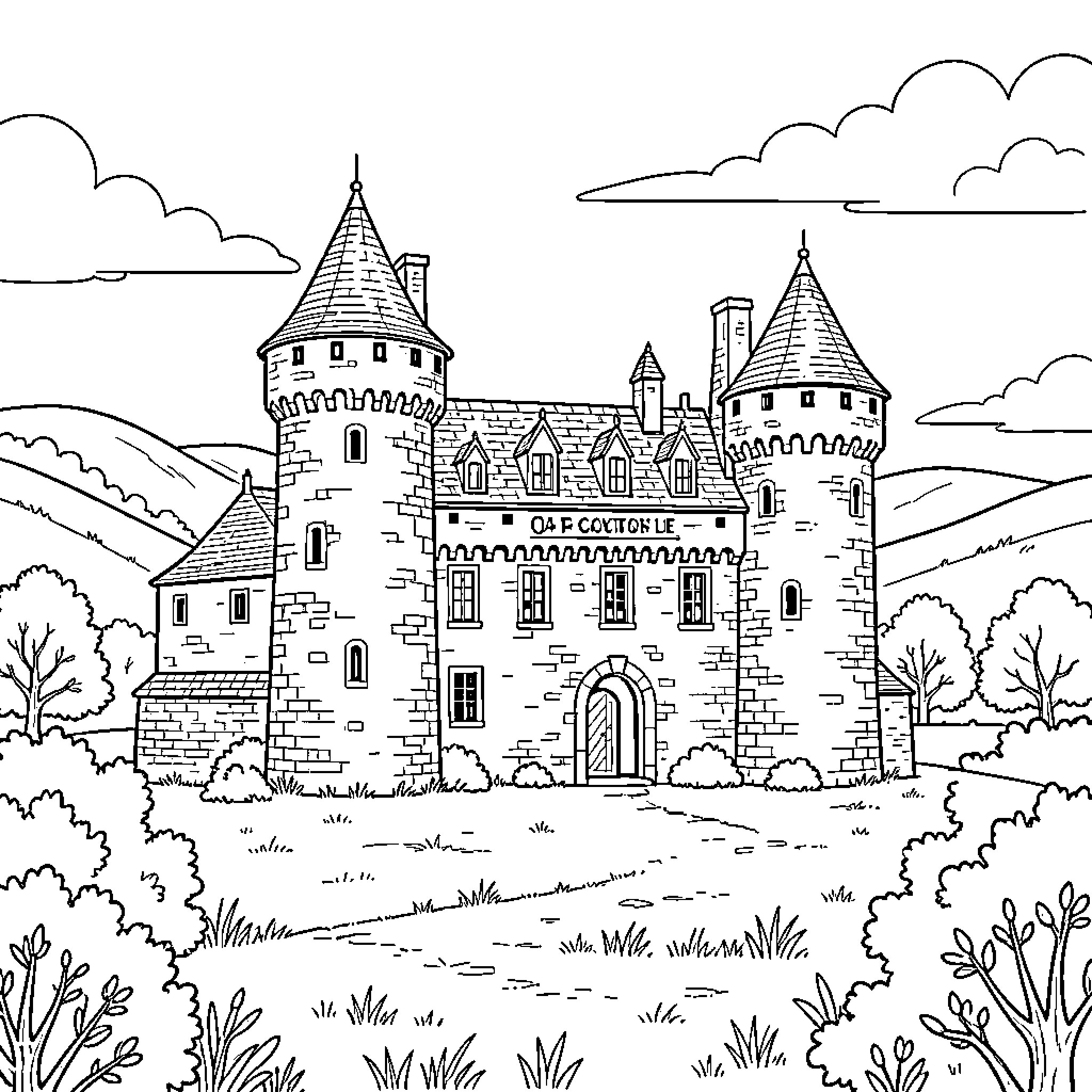 Castle with Turrets and Towers in Lush Landscape Coloring Page (free black-and-white line drawing printable PDF for all, from beginners to advanced learners, including children, teens, adults, and seniors)