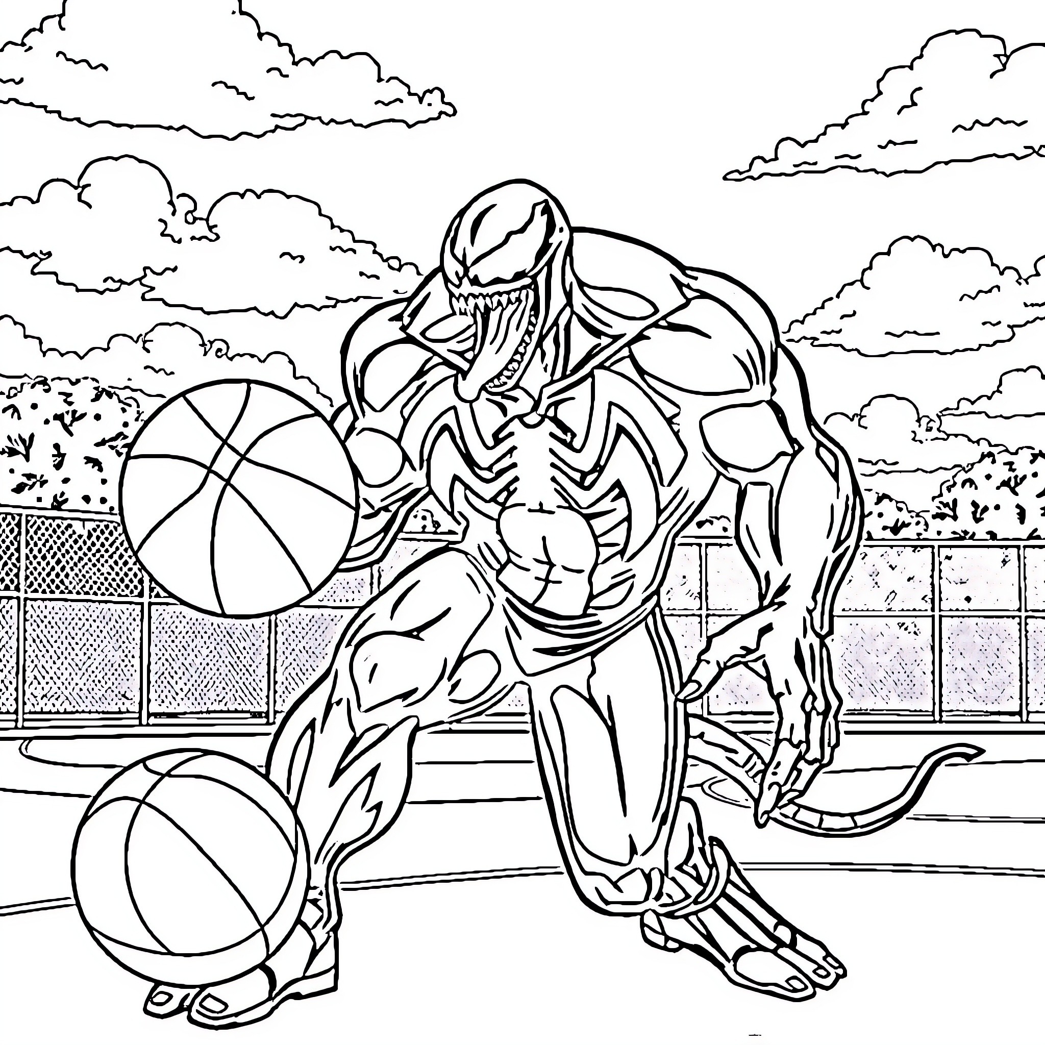 Venom's Courtyard Basketball Game Coloring Page (free black-and-white line drawing printable PDF for all, from beginners to advanced learners, including children, teens, adults, and seniors)