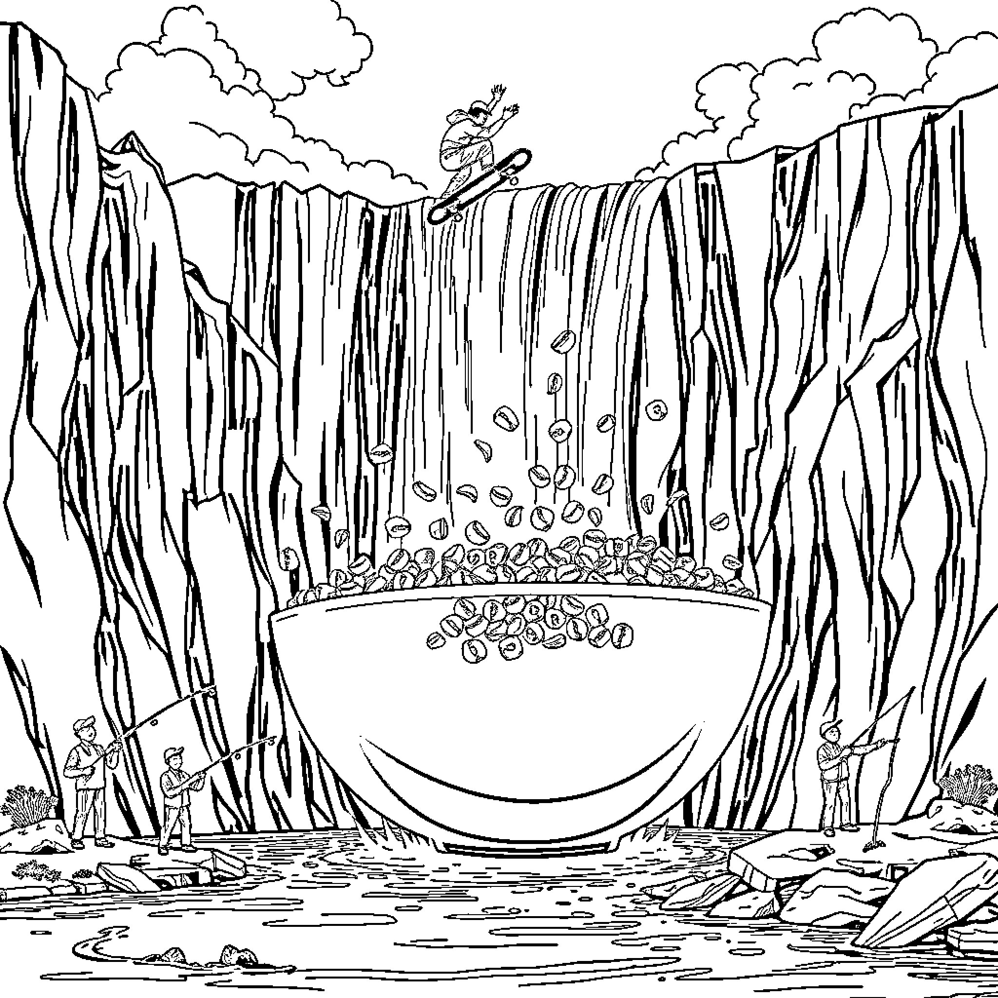 Skateboarding over a majestic waterfall Coloring Page (free black-and-white line drawing printable PDF for all, from beginners to advanced learners, including children, teens, adults, and seniors)