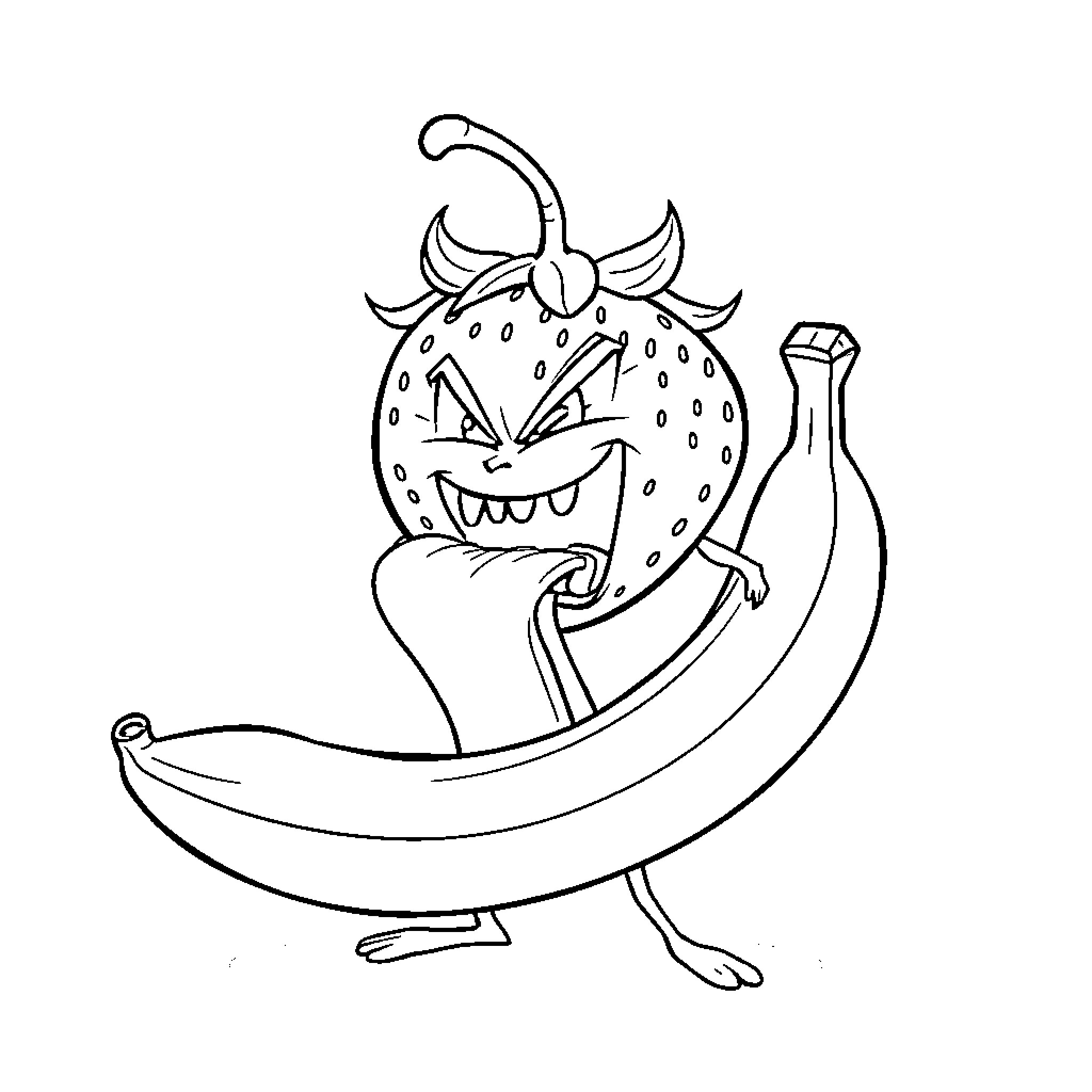 Strawberry Monster Eating Banana Happily Coloring Page (free black-and-white line drawing printable PDF for all, from beginners to advanced learners, including children, teens, adults, and seniors)