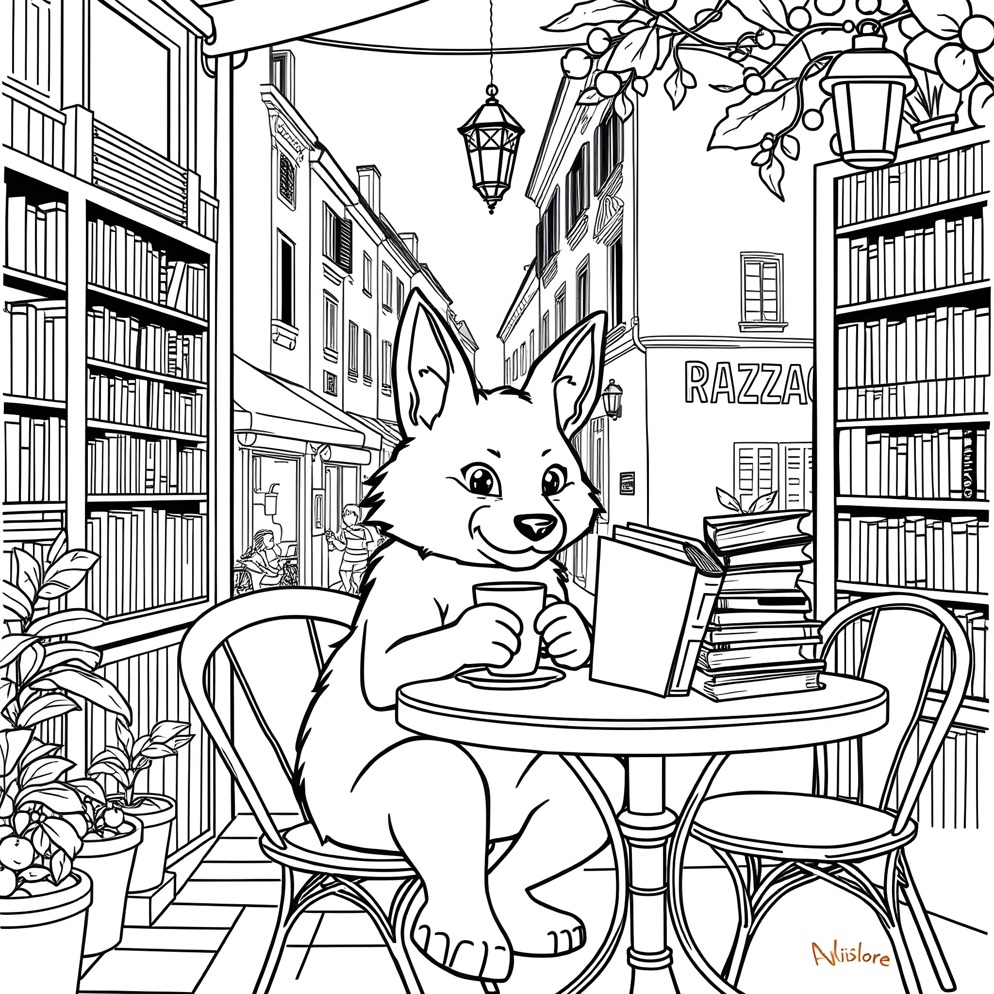 Gizmo the Rabbit Enjoys a Book in a Cozy Alleyway Coloring Page (free black-and-white line drawing printable PDF for all, from beginners to advanced learners, including children, teens, adults, and seniors)