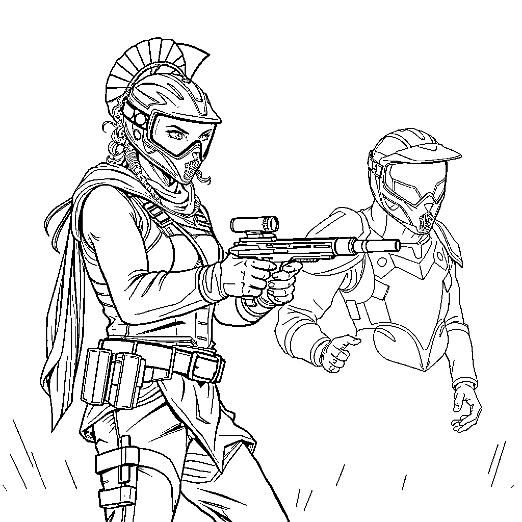 Artemis warriors engage in combat with advanced weapons Coloring Page (free black-and-white line drawing printable PDF for all, from beginners to advanced learners, including children, teens, adults, and seniors)
