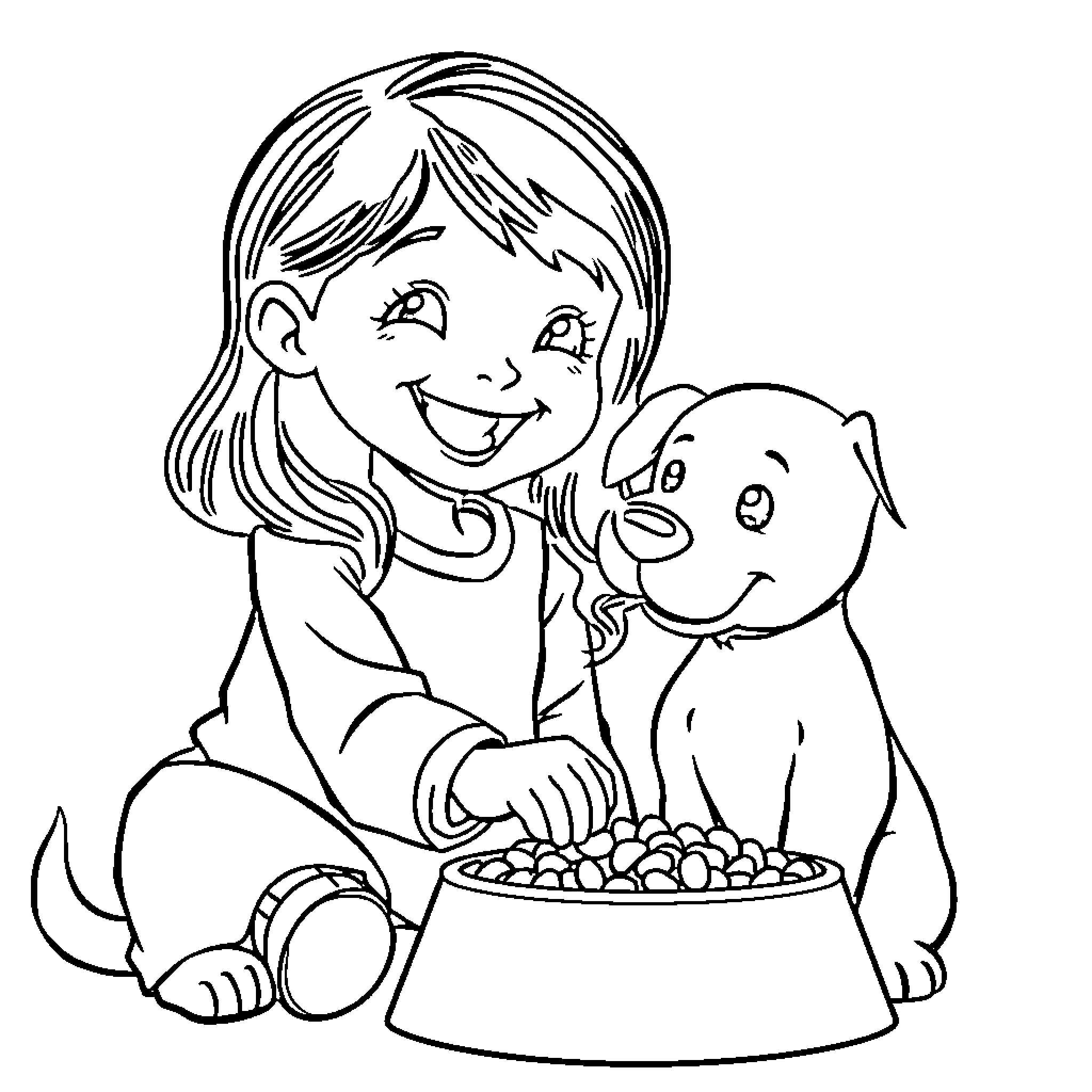 Child feeding a happy dog Coloring Page (free black-and-white line drawing printable PDF for all, from beginners to advanced learners, including children, teens, adults, and seniors)
