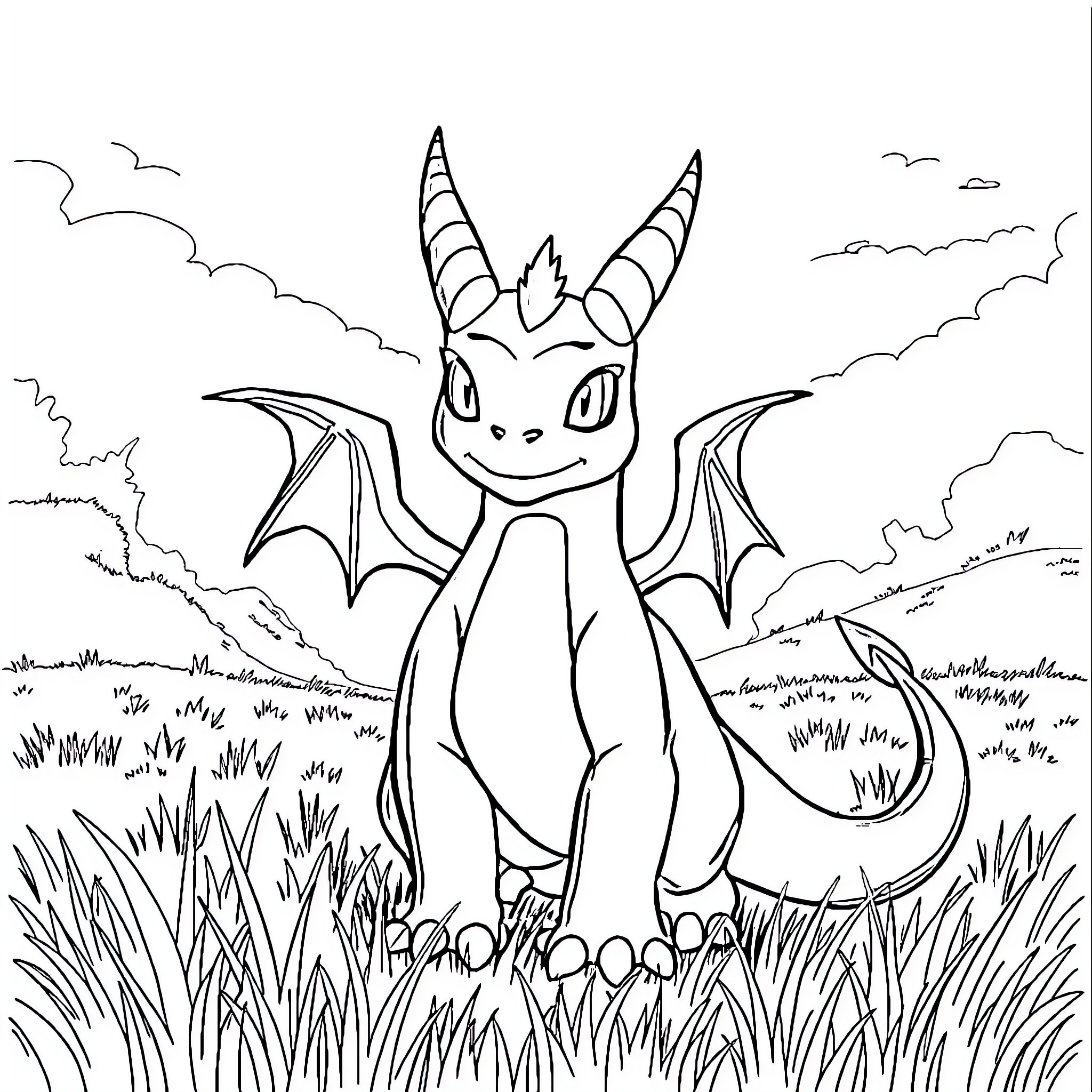Guilmon playfully exploring the outdoors Coloring Page (free black-and-white line drawing printable PDF for all, from beginners to advanced learners, including children, teens, adults, and seniors)