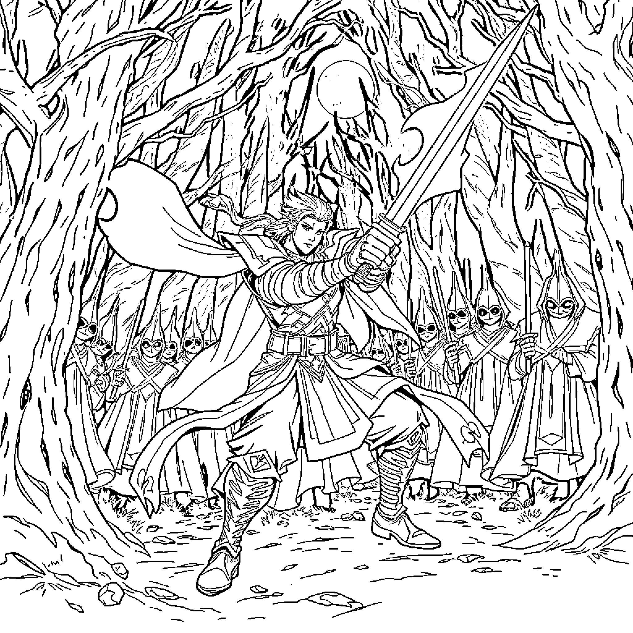 Sungjin Woo in an epic forest battle Coloring Page (free black-and-white line drawing printable PDF for all, from beginners to advanced learners, including children, teens, adults, and seniors)