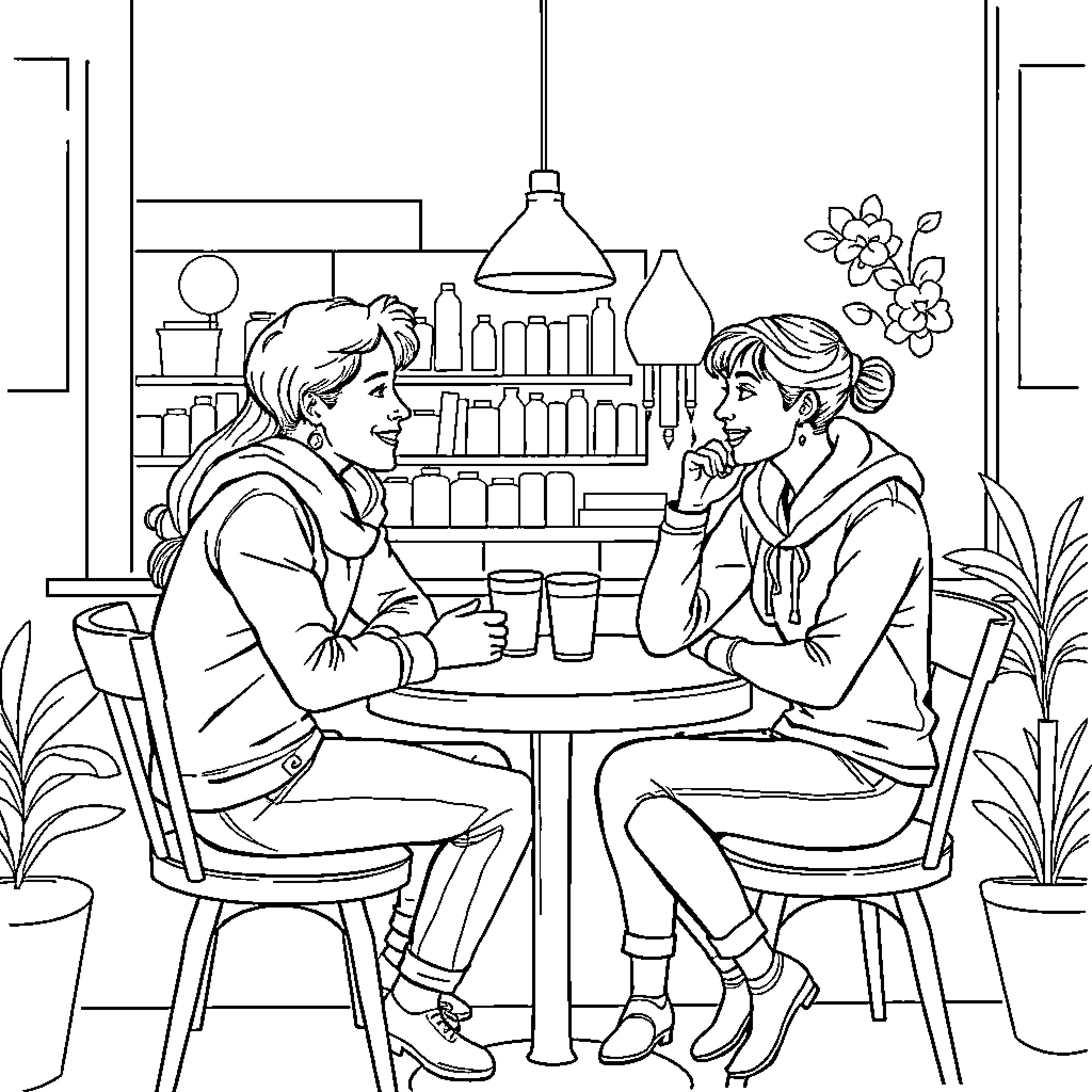 Cat friends chatting over coffee in a cozy cafe Coloring Page (free black-and-white line drawing printable PDF for all, from beginners to advanced learners, including children, teens, adults, and seniors)