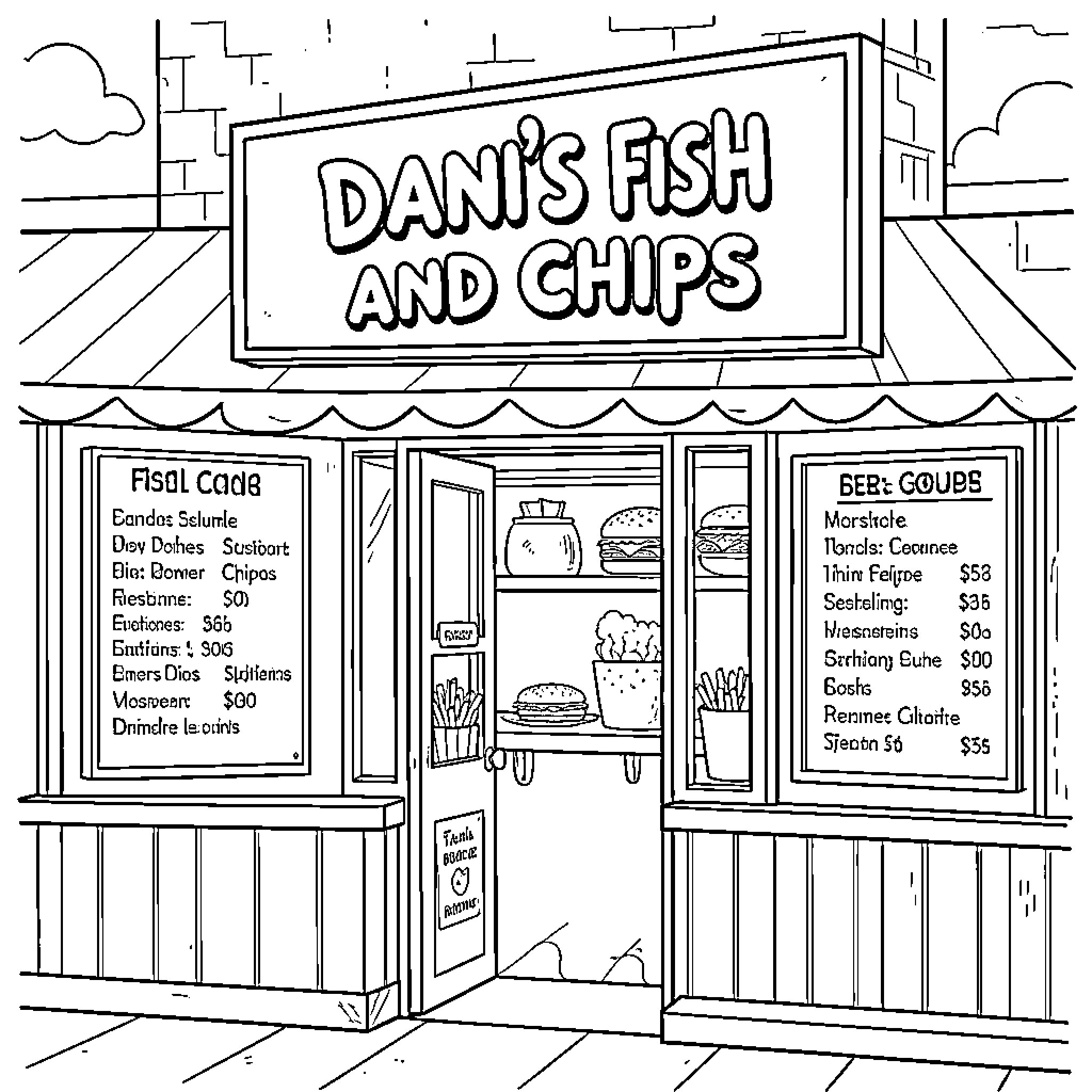 Fish and Chips shop storefront with menu displays Coloring Page (free black-and-white line drawing printable PDF for all, from beginners to advanced learners, including children, teens, adults, and seniors)