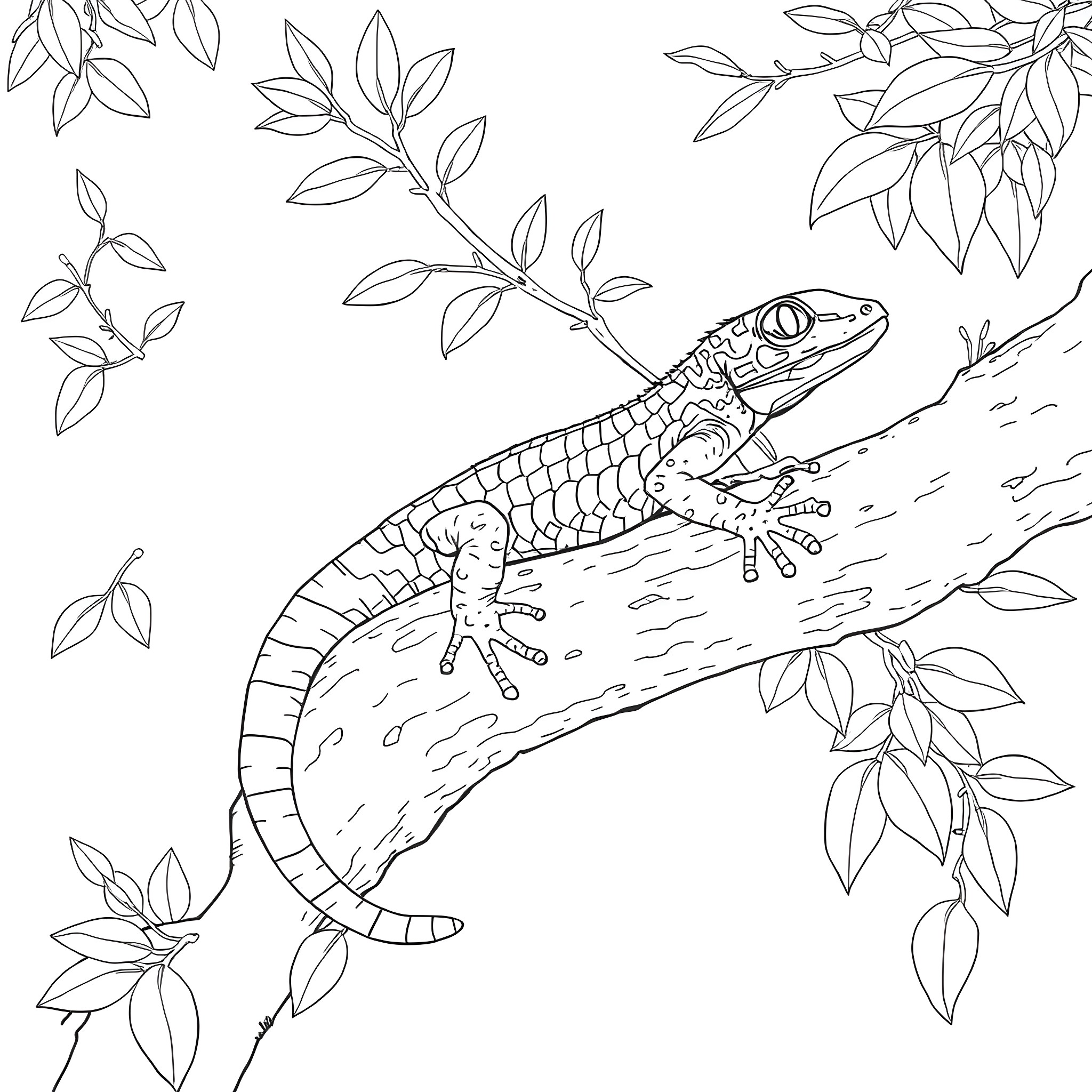 Tree Skink exploring lush foliage Coloring Page (free black-and-white line drawing printable PDF for all, from beginners to advanced learners, including children, teens, adults, and seniors)