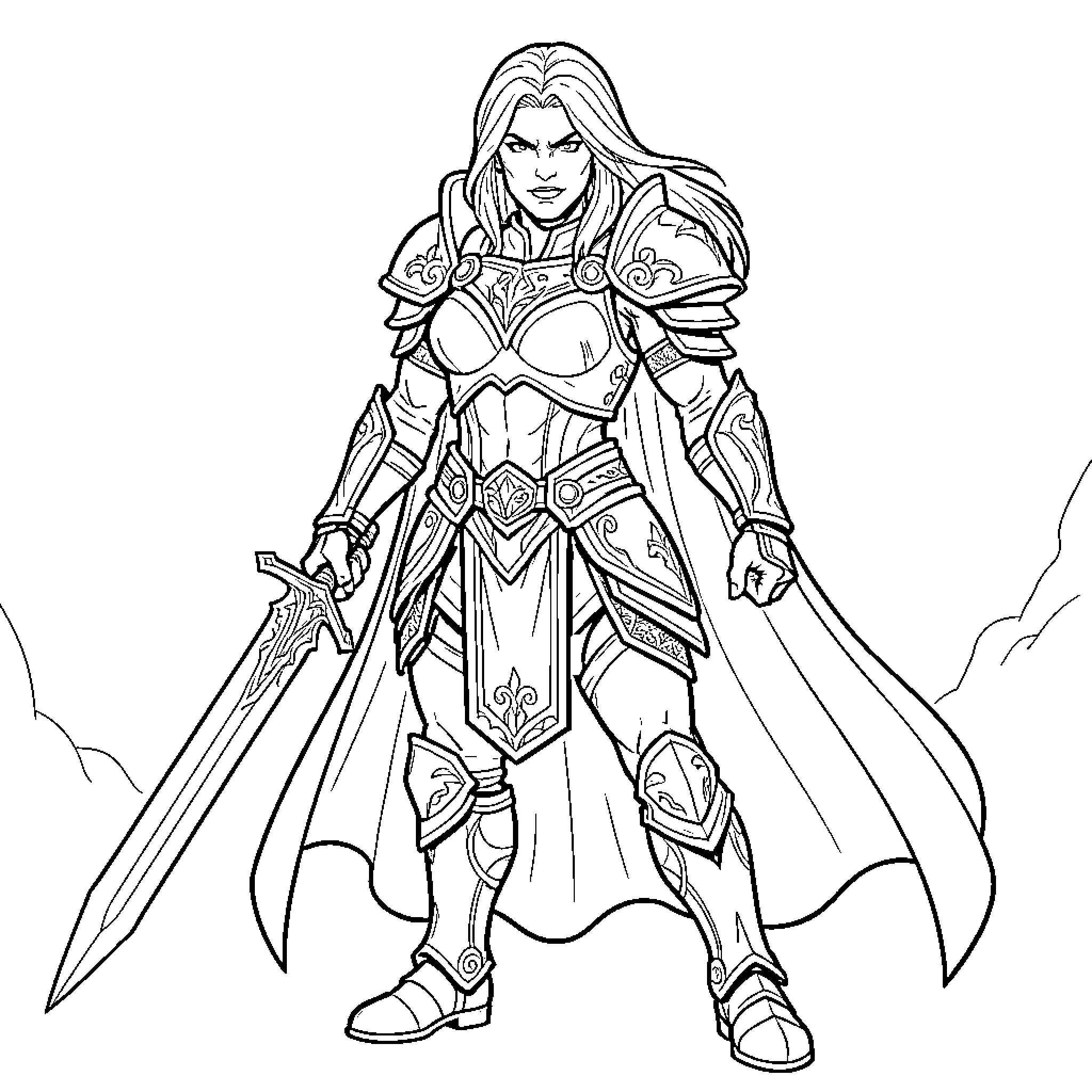 Warrior Princess standing tall with a sword Coloring Page (free black-and-white line drawing printable PDF for all, from beginners to advanced learners, including children, teens, adults, and seniors)