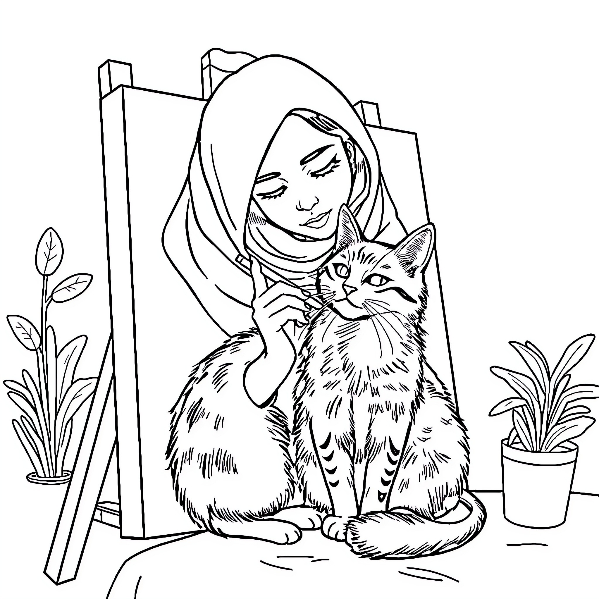 Artist paints a serene portrait with a cat Coloring Page (free black-and-white line drawing printable PDF for all, from beginners to advanced learners, including children, teens, adults, and seniors)