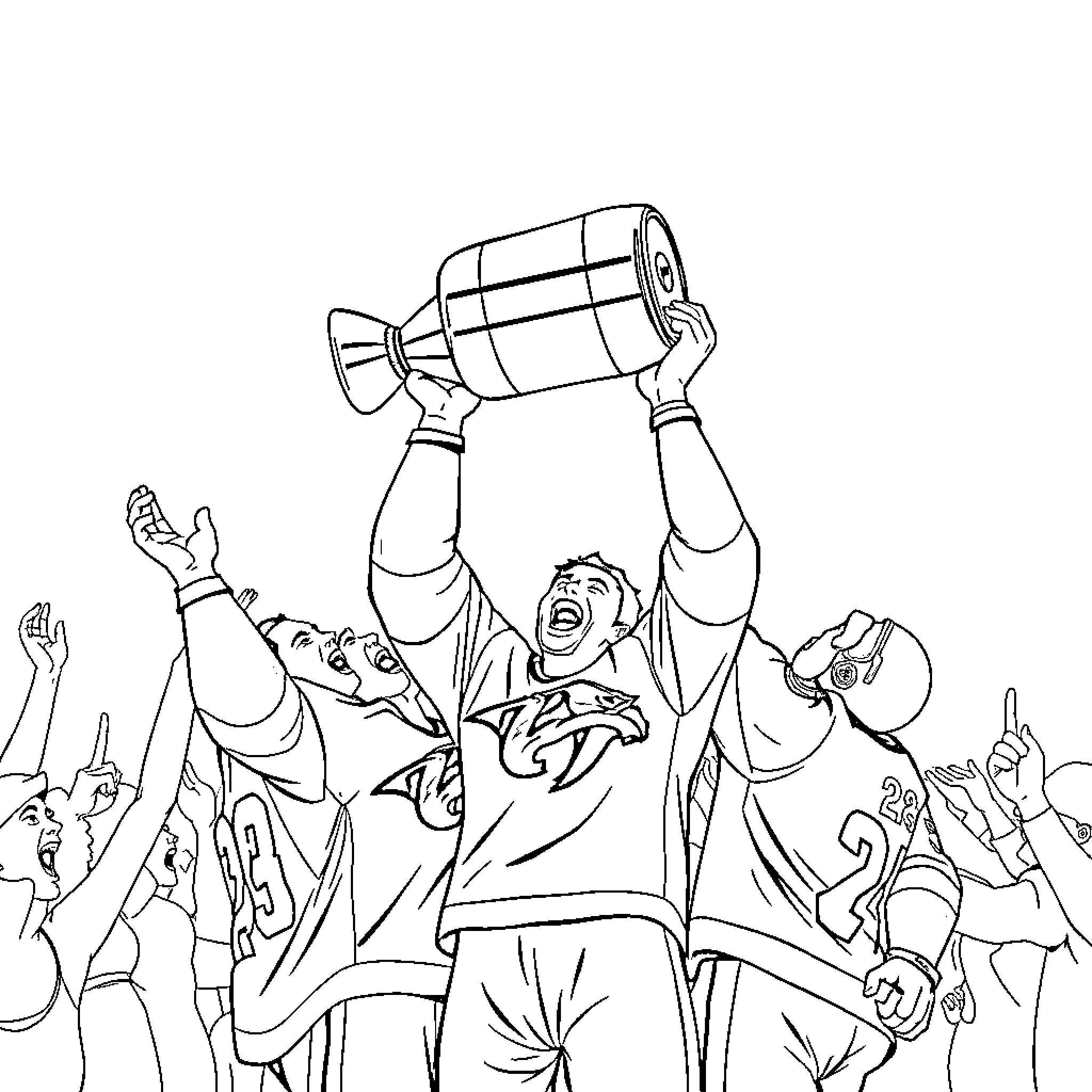 Nashville Predators celebrating victory with trophy Coloring Page (free black-and-white line drawing printable PDF for all, from beginners to advanced learners, including children, teens, adults, and seniors)