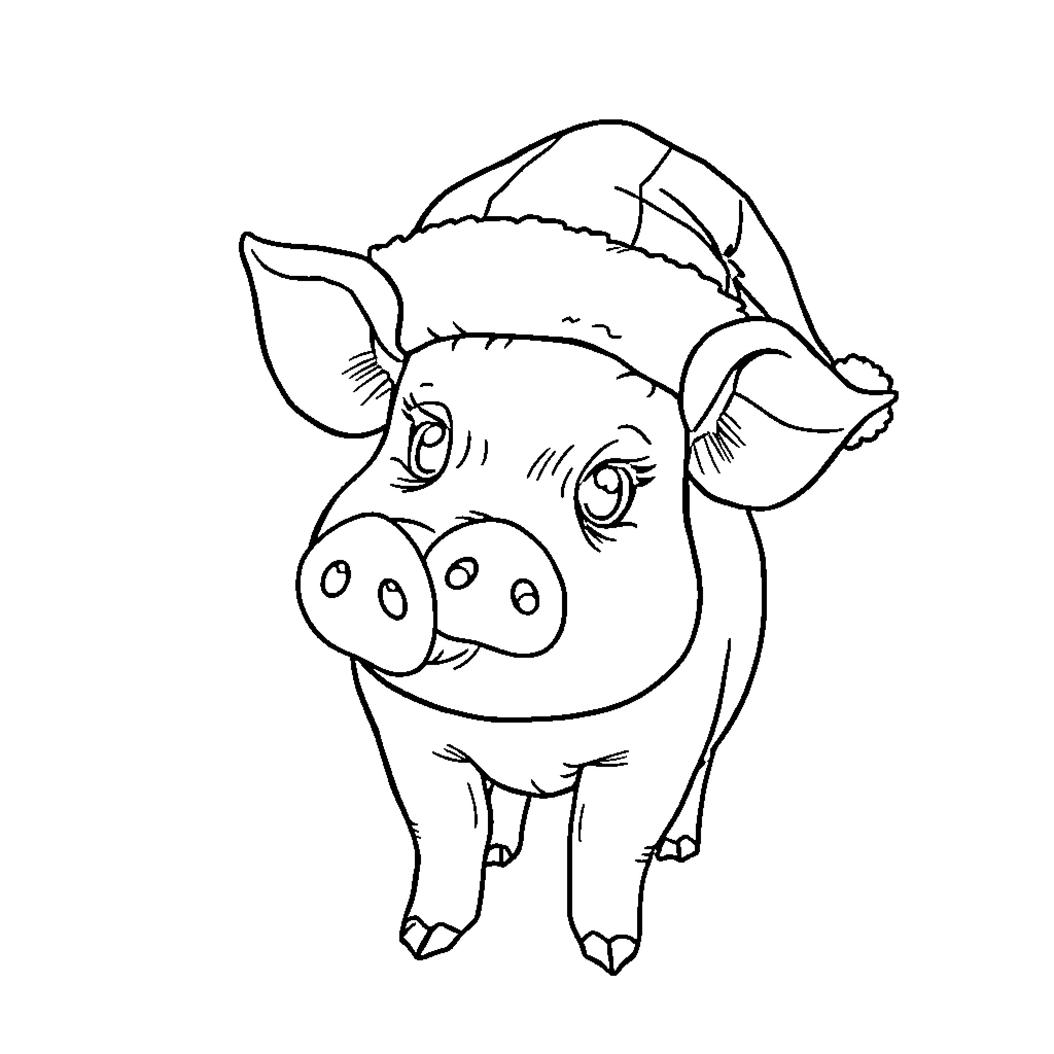 Pig wearing a Santa hat and smiling Coloring Page (free black-and-white line drawing printable PDF for all, from beginners to advanced learners, including children, teens, adults, and seniors)