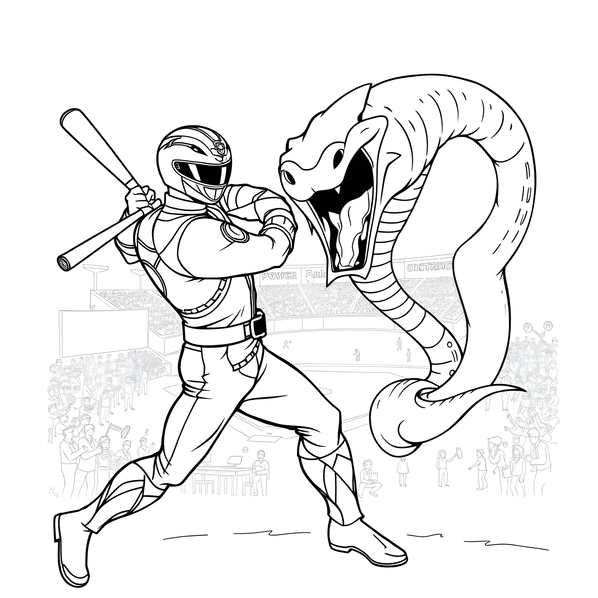 Power Ranger battling against a giant snake monster Coloring Page (free black-and-white line drawing printable PDF for all, from beginners to advanced learners, including children, teens, adults, and seniors)