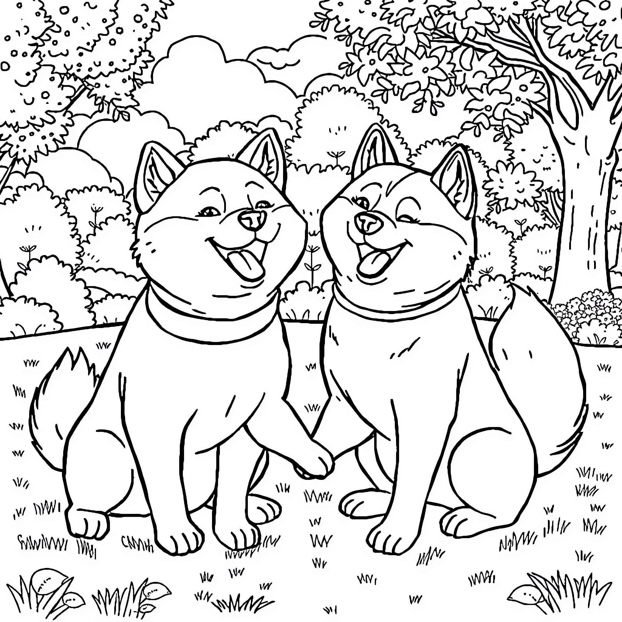 Shiba dogs playing happily in the forest Coloring Page (free black-and-white line drawing printable PDF for all, from beginners to advanced learners, including children, teens, adults, and seniors)