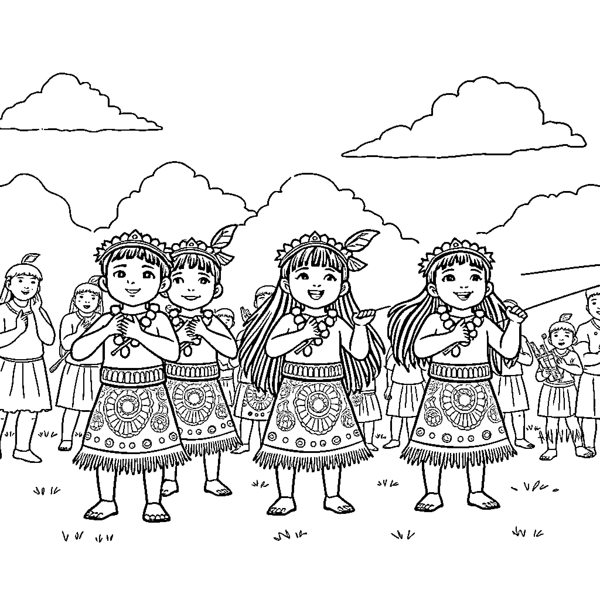 Māori Kids in Traditional Dress and Celebration Coloring Page (free black-and-white line drawing printable PDF for all, from beginners to advanced learners, including children, teens, adults, and seniors)