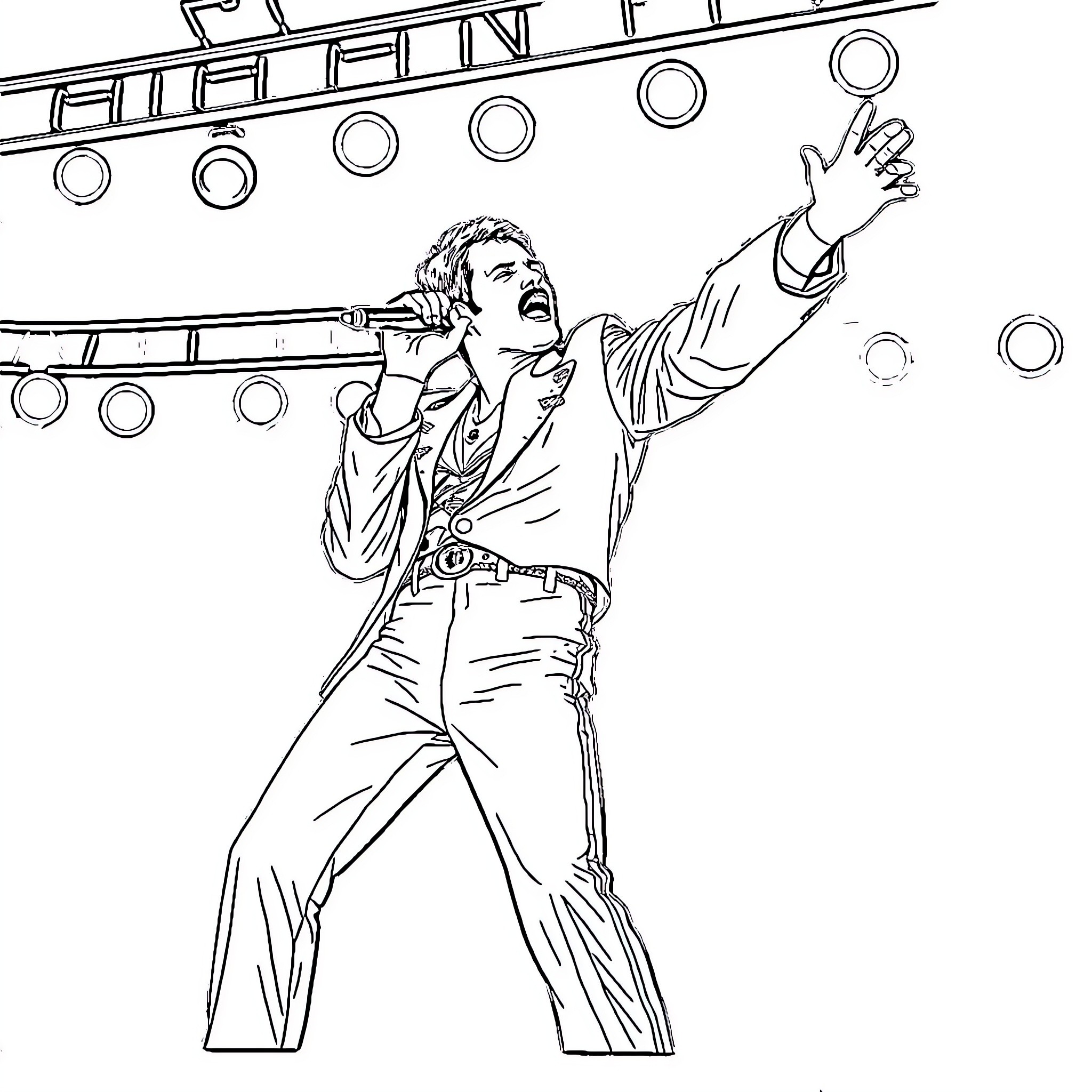 Freddie Mercury's Electrifying Performance on Stage Coloring Page (free black-and-white line drawing printable PDF for all, from beginners to advanced learners, including children, teens, adults, and seniors)