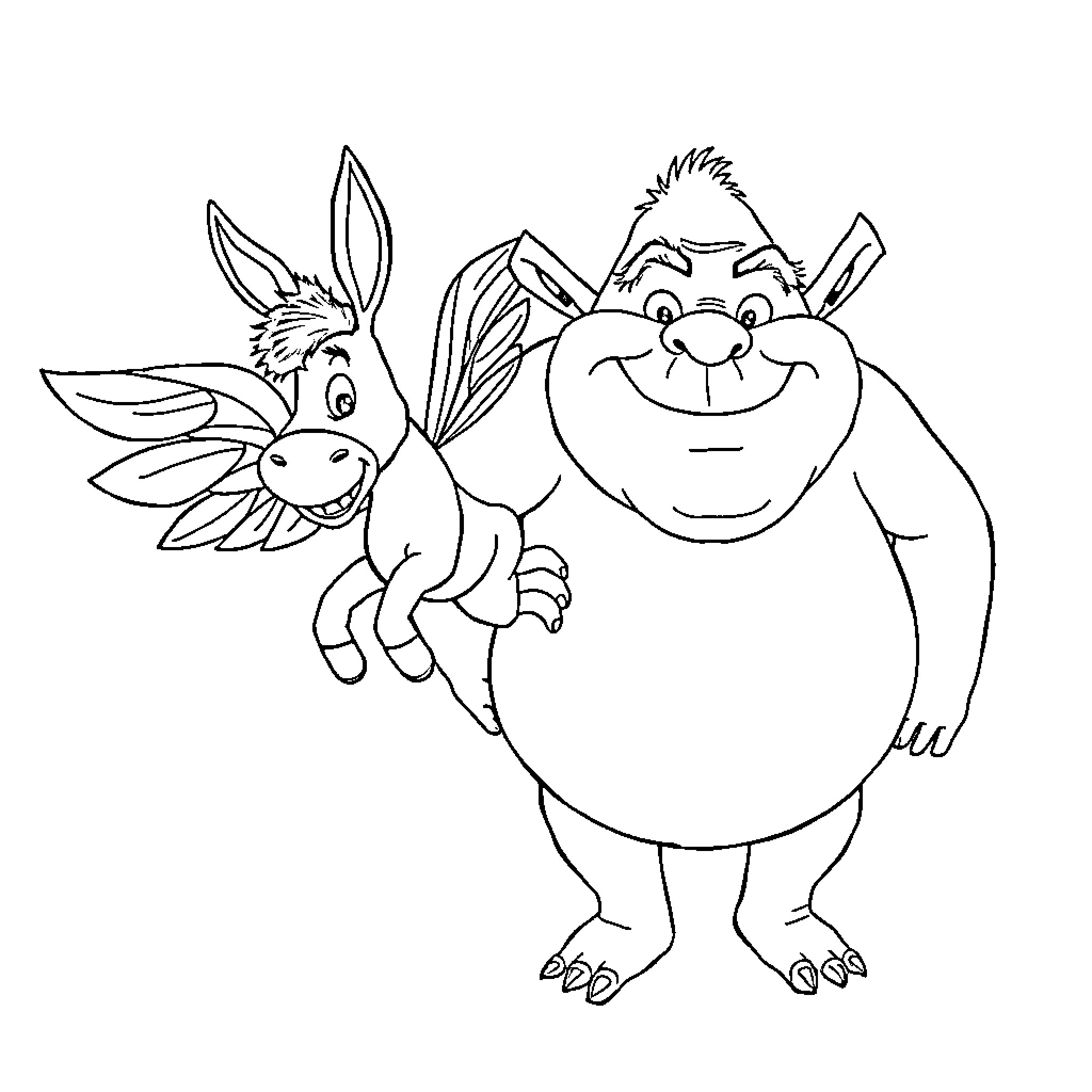 Donkey and troll friends in playful scene Coloring Page (free black-and-white line drawing printable PDF for all, from beginners to advanced learners, including children, teens, adults, and seniors)