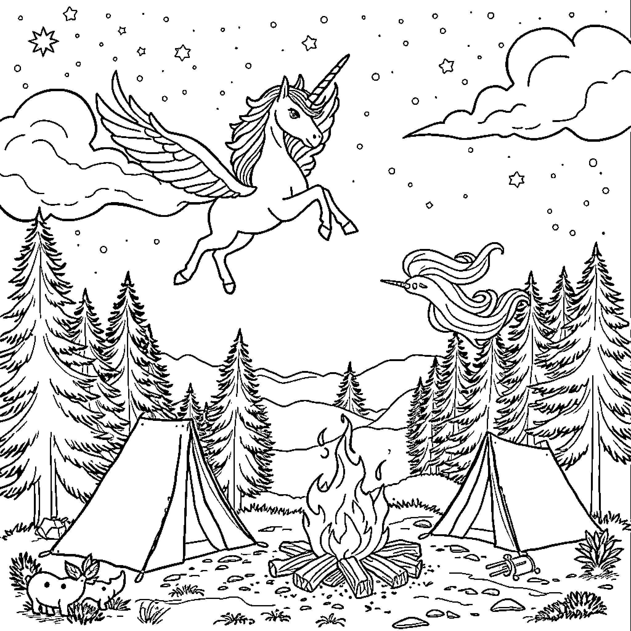 Unicorn soaring over enchanted forest campsite Coloring Page (free black-and-white line drawing printable PDF for all, from beginners to advanced learners, including children, teens, adults, and seniors)