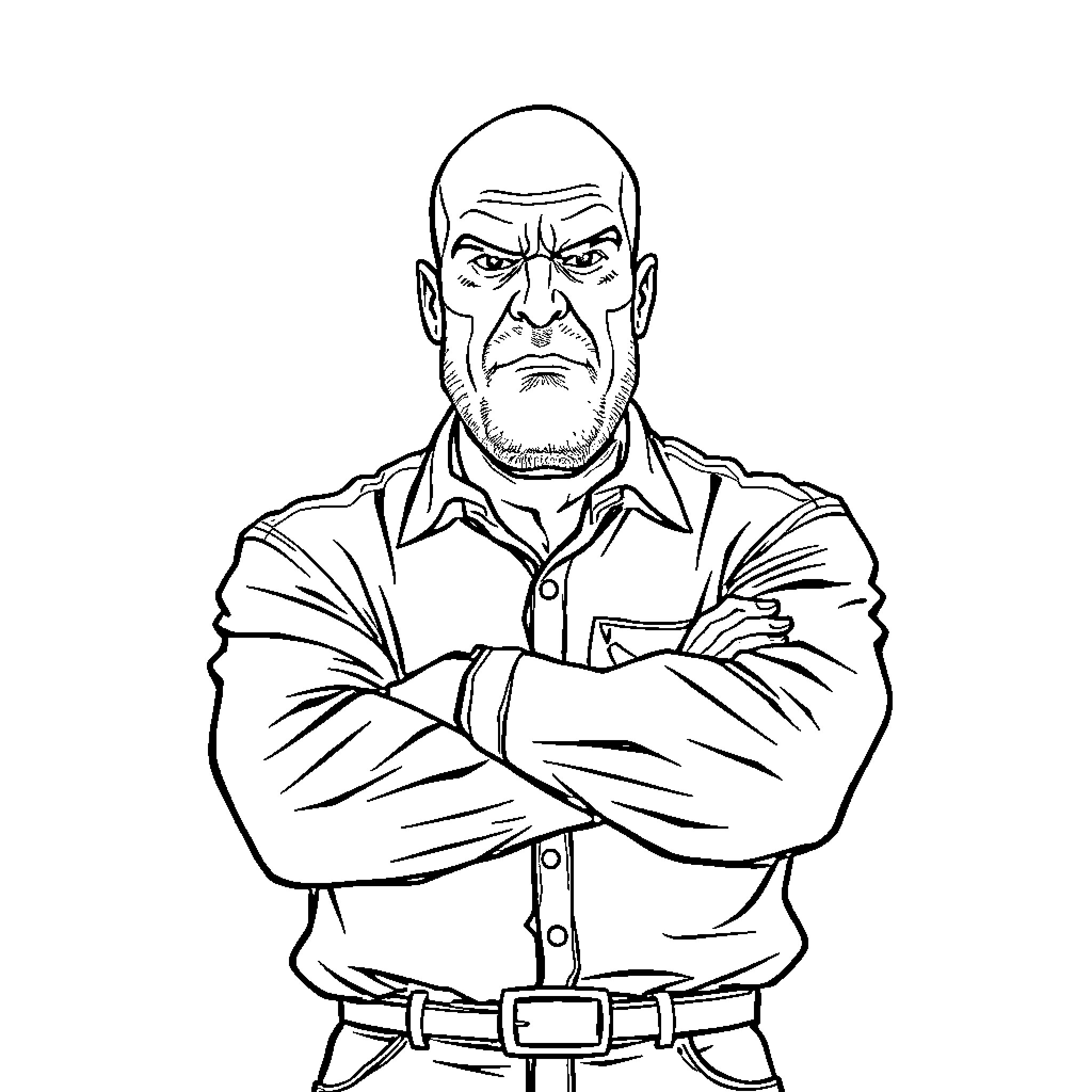 Man with stern expression and crossed arms Coloring Page (free black-and-white line drawing printable PDF for all, from beginners to advanced learners, including children, teens, adults, and seniors)
