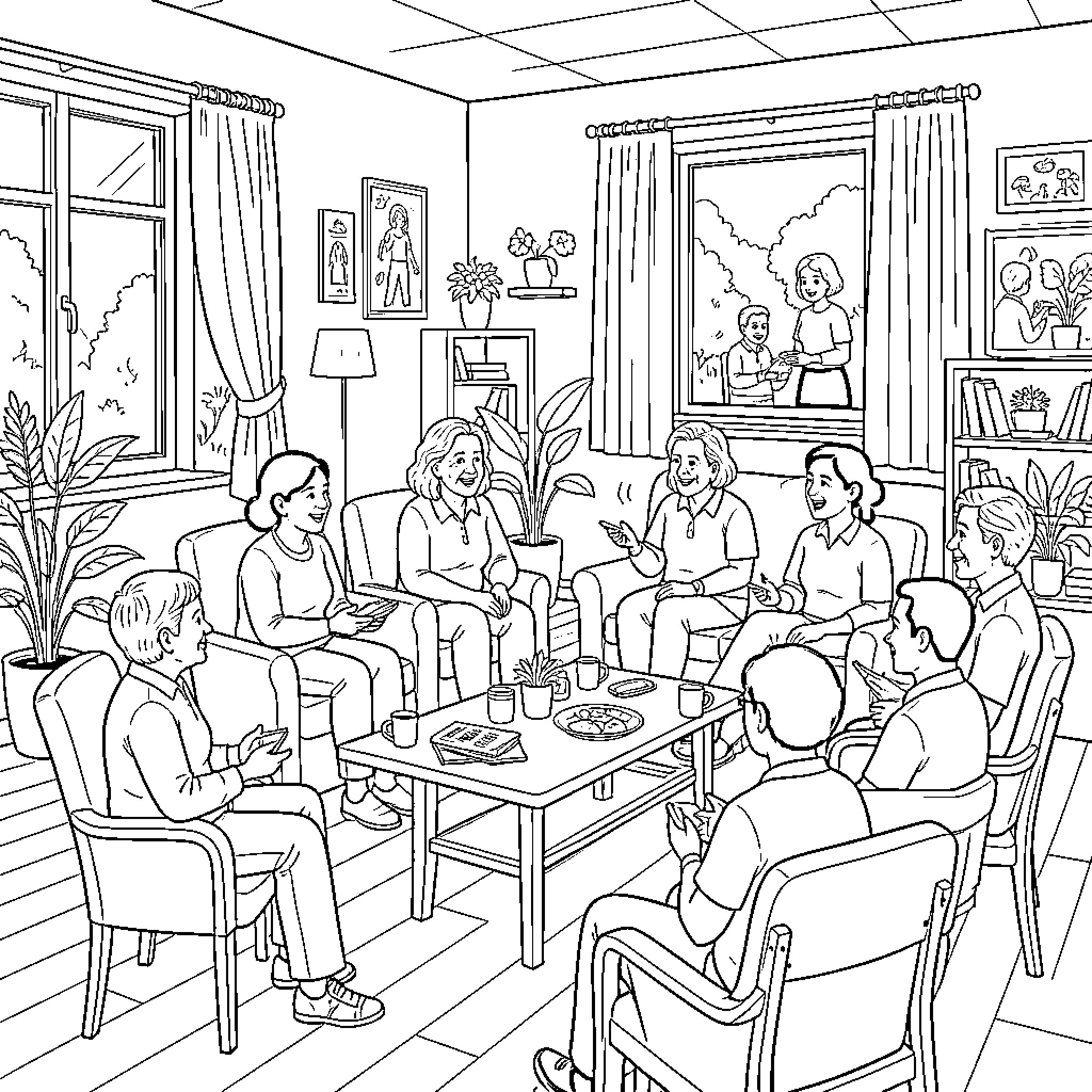 Person sitting in a group chatting in a living room Coloring Page (free black-and-white line drawing printable PDF for all, from beginners to advanced learners, including children, teens, adults, and seniors)