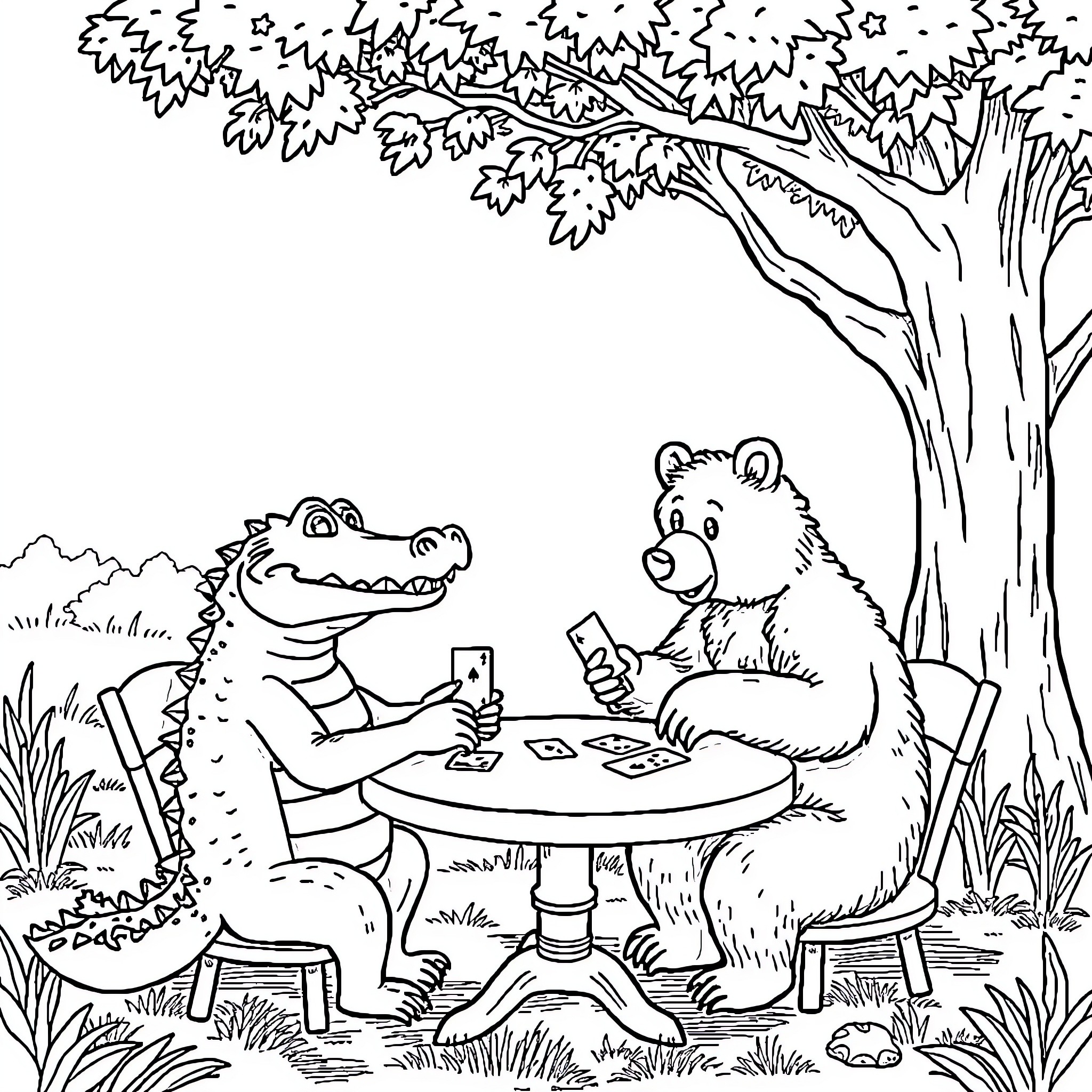 Alligator and Bear Enjoying a Picnic in the Park Coloring Page (free black-and-white line drawing printable PDF for all, from beginners to advanced learners, including children, teens, adults, and seniors)