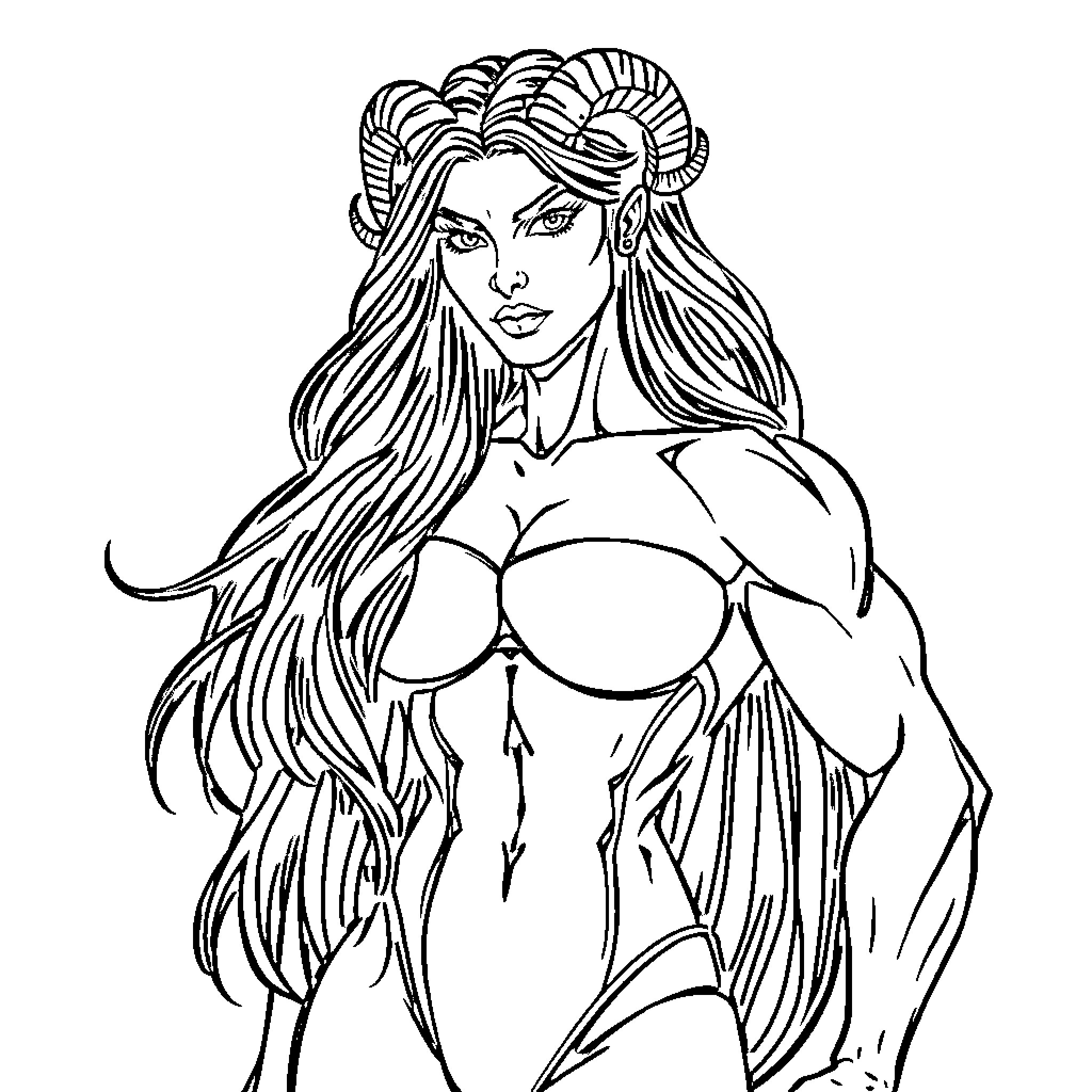 Bodybuilder with horns posing with long flowing hair Coloring Page (free black-and-white line drawing printable PDF for all, from beginners to advanced learners, including children, teens, adults, and seniors)
