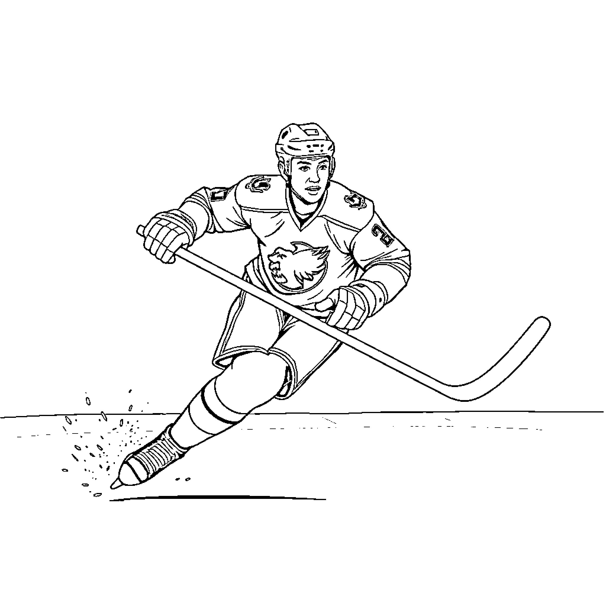 Connor Bedard skating swiftly on the ice Coloring Page (free black-and-white line drawing printable PDF for all, from beginners to advanced learners, including children, teens, adults, and seniors)