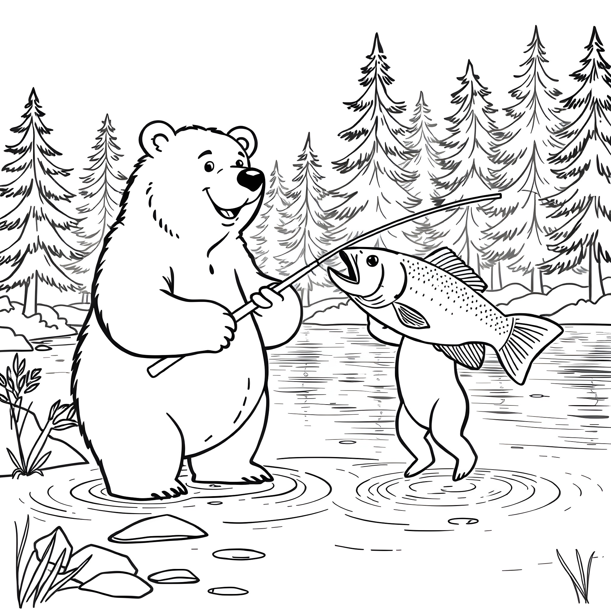 Bear fishing with a fish in the lake Coloring Page (free black-and-white line drawing printable PDF for all, from beginners to advanced learners, including children, teens, adults, and seniors)