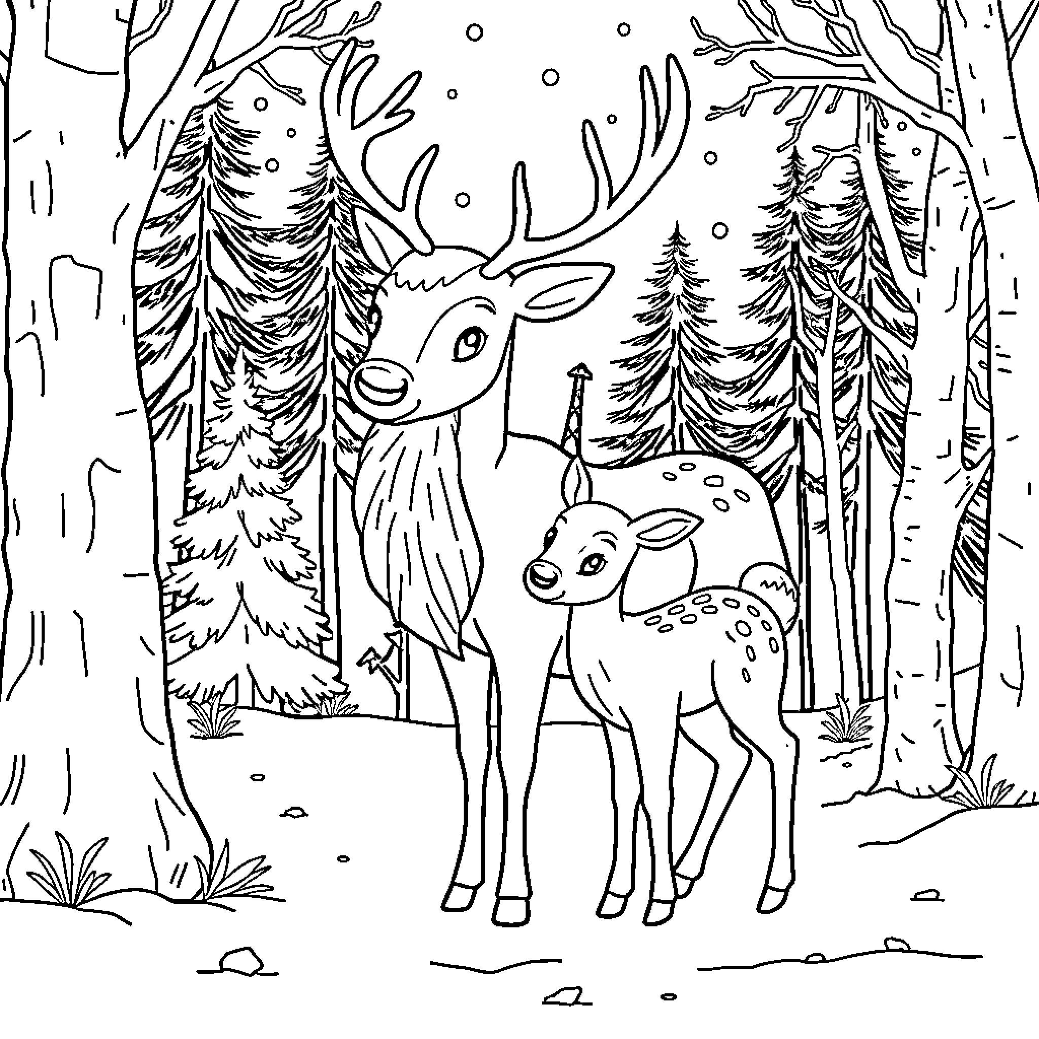 Reindeer family walking in snowy forest Coloring Page (free black-and-white line drawing printable PDF for all, from beginners to advanced learners, including children, teens, adults, and seniors)