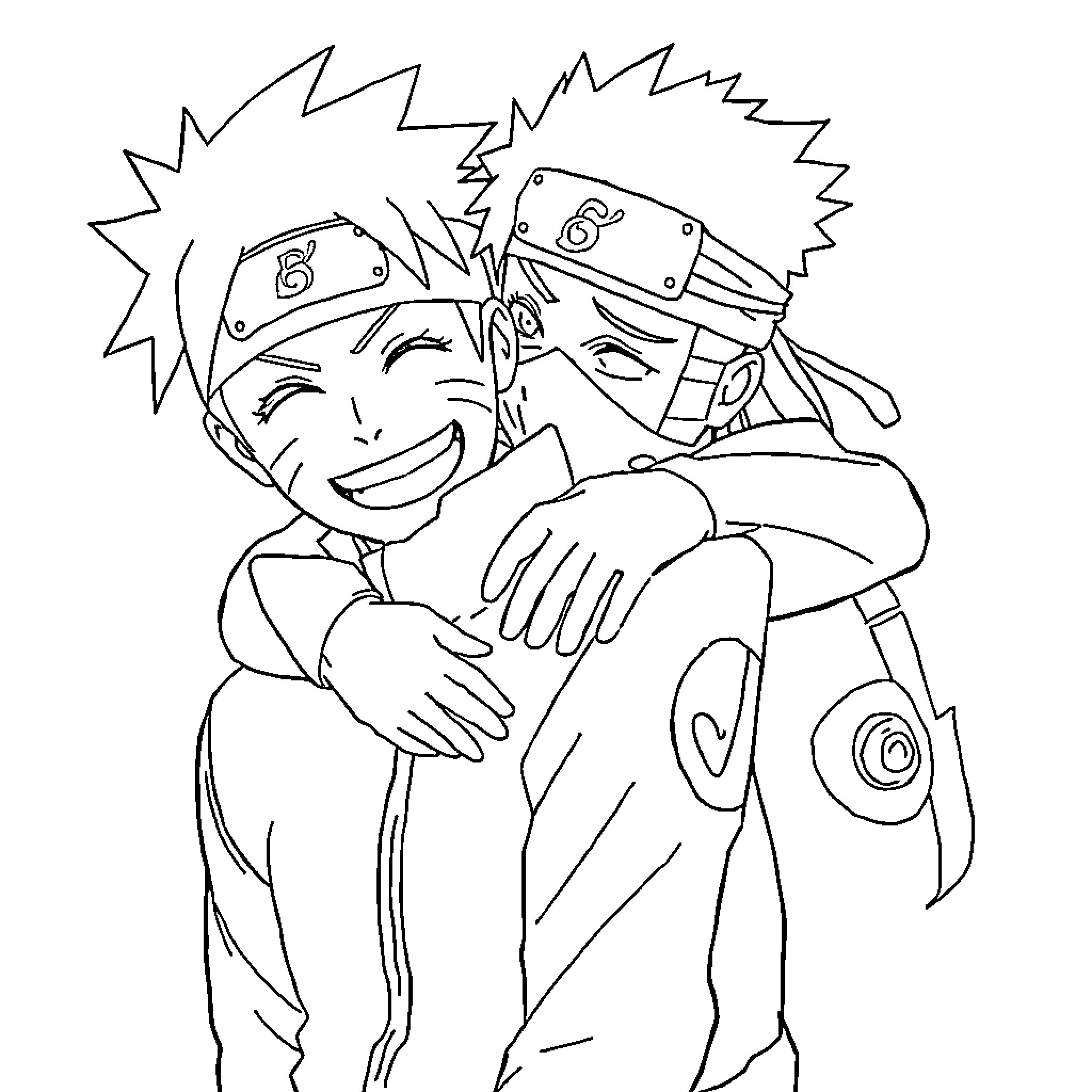 Naruto and Sasuke's Playful Camaraderie Coloring Page (free black-and-white line drawing printable PDF for all, from beginners to advanced learners, including children, teens, adults, and seniors)