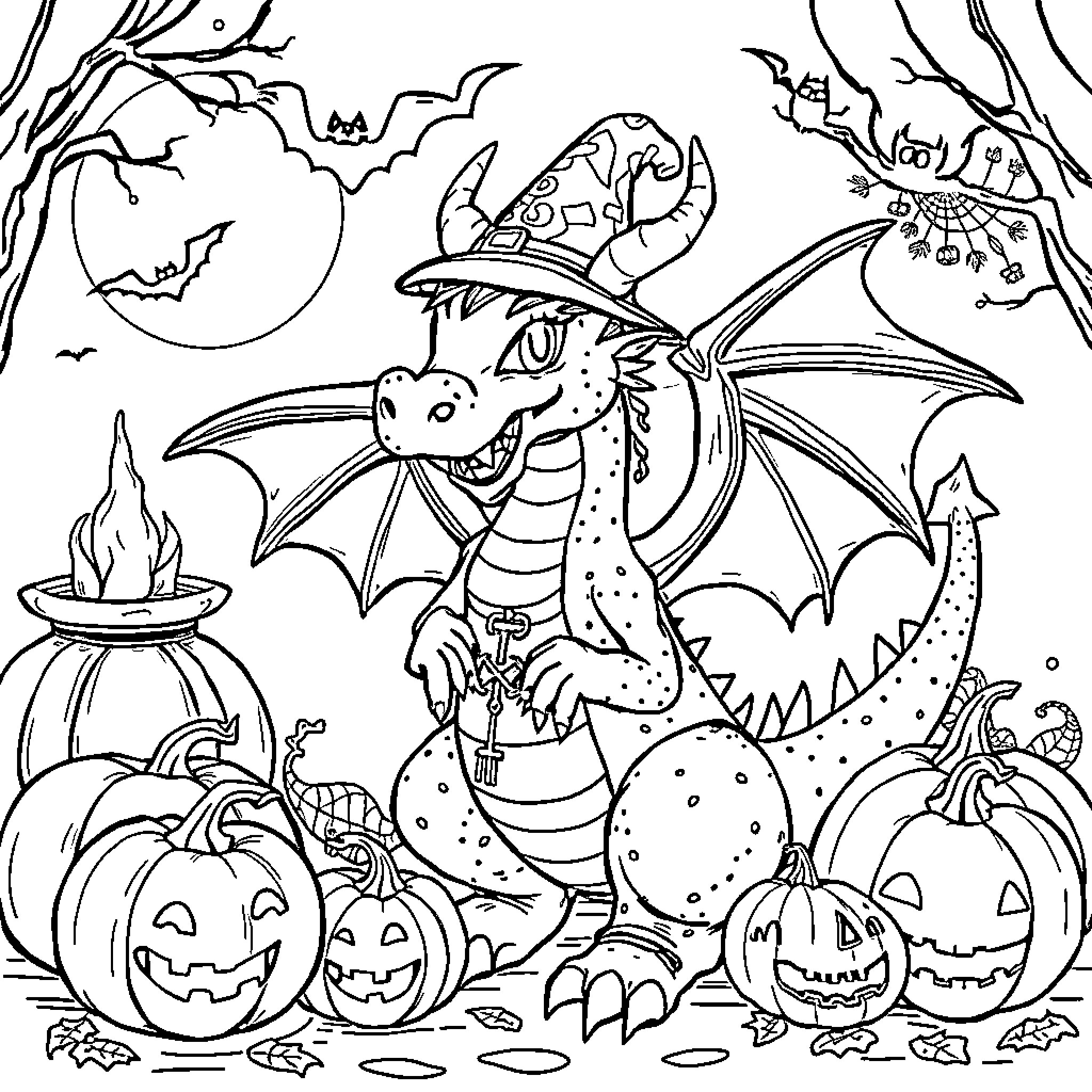 Dragon Celebrating Halloween with Pumpkins and Bats Coloring Page (free black-and-white line drawing printable PDF for all, from beginners to advanced learners, including children, teens, adults, and seniors)