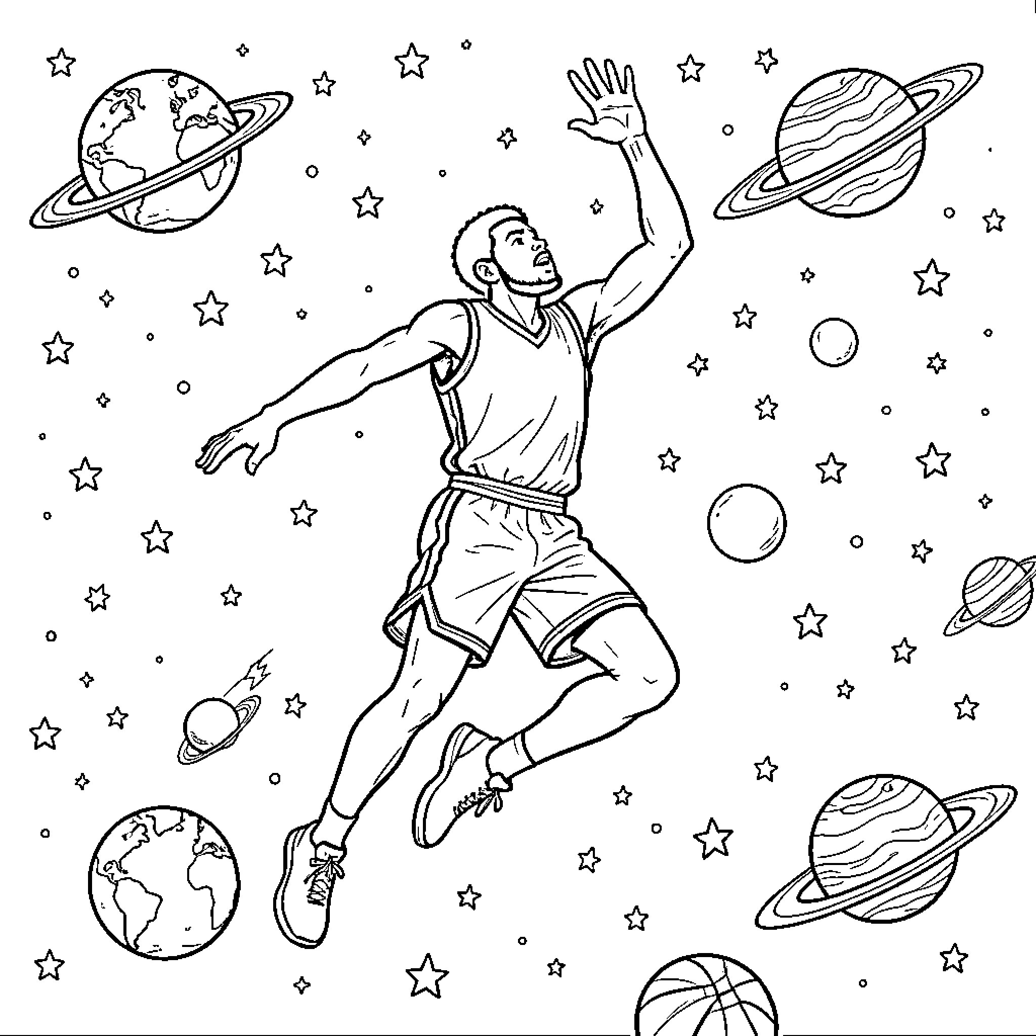 Basketball Player floating in cosmic space Coloring Page (free black-and-white line drawing printable PDF for all, from beginners to advanced learners, including children, teens, adults, and seniors)