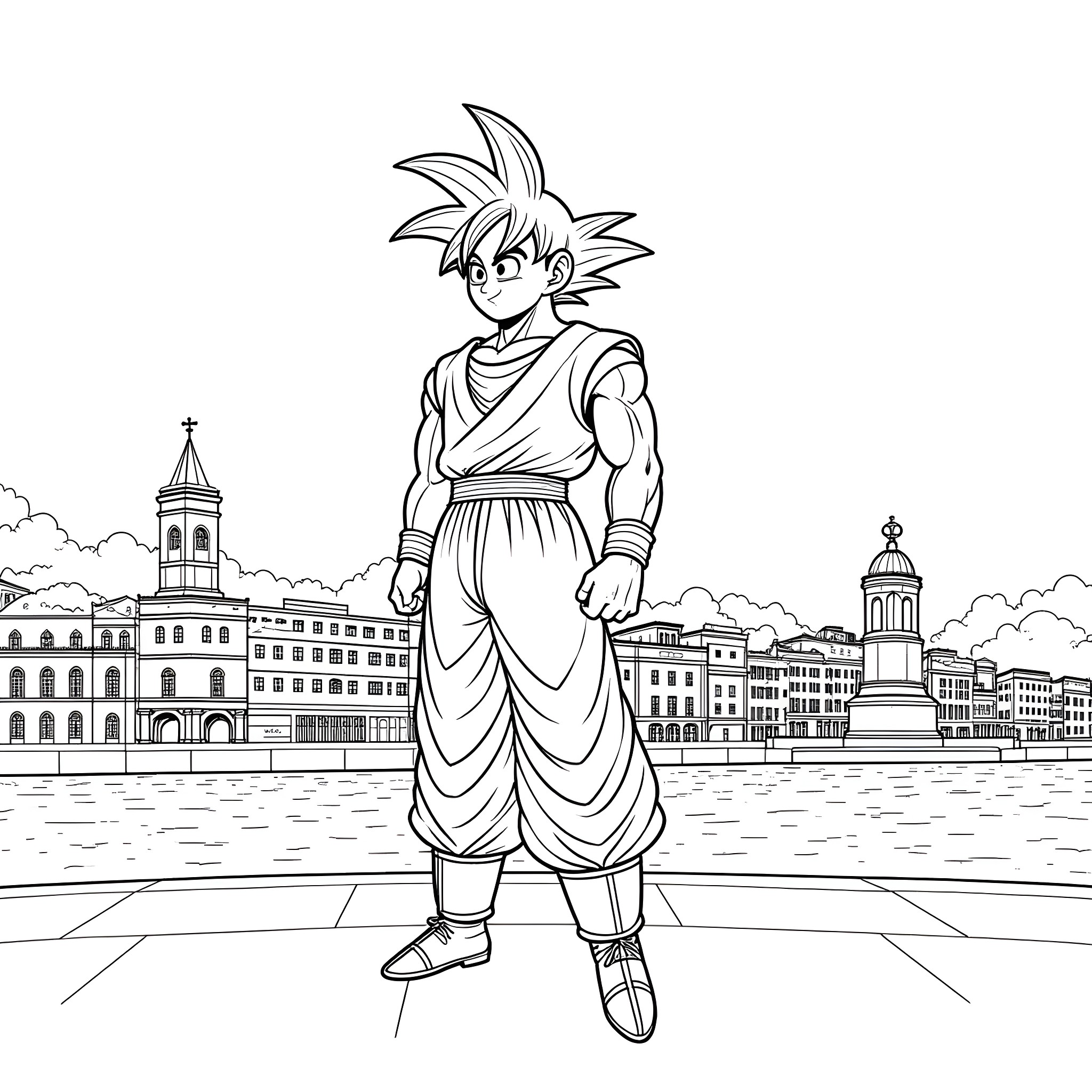 Son Goku in heroic stance against city backdrop Coloring Page (free black-and-white line drawing printable PDF for all, from beginners to advanced learners, including children, teens, adults, and seniors)