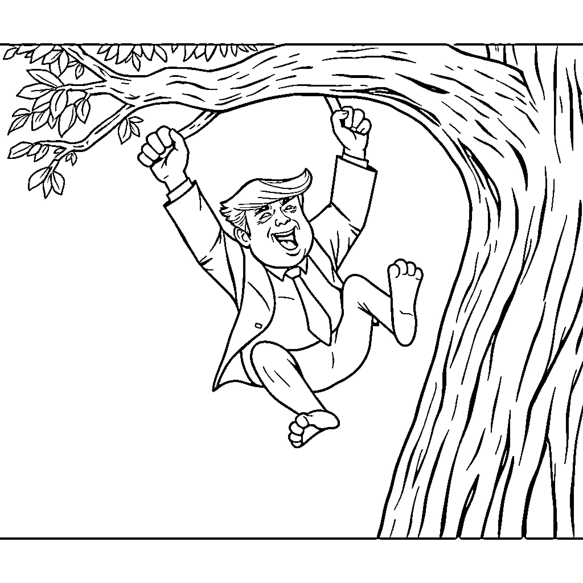 Trump playfully climbing a tree Coloring Page (free black-and-white line drawing printable PDF for all, from beginners to advanced learners, including children, teens, adults, and seniors)