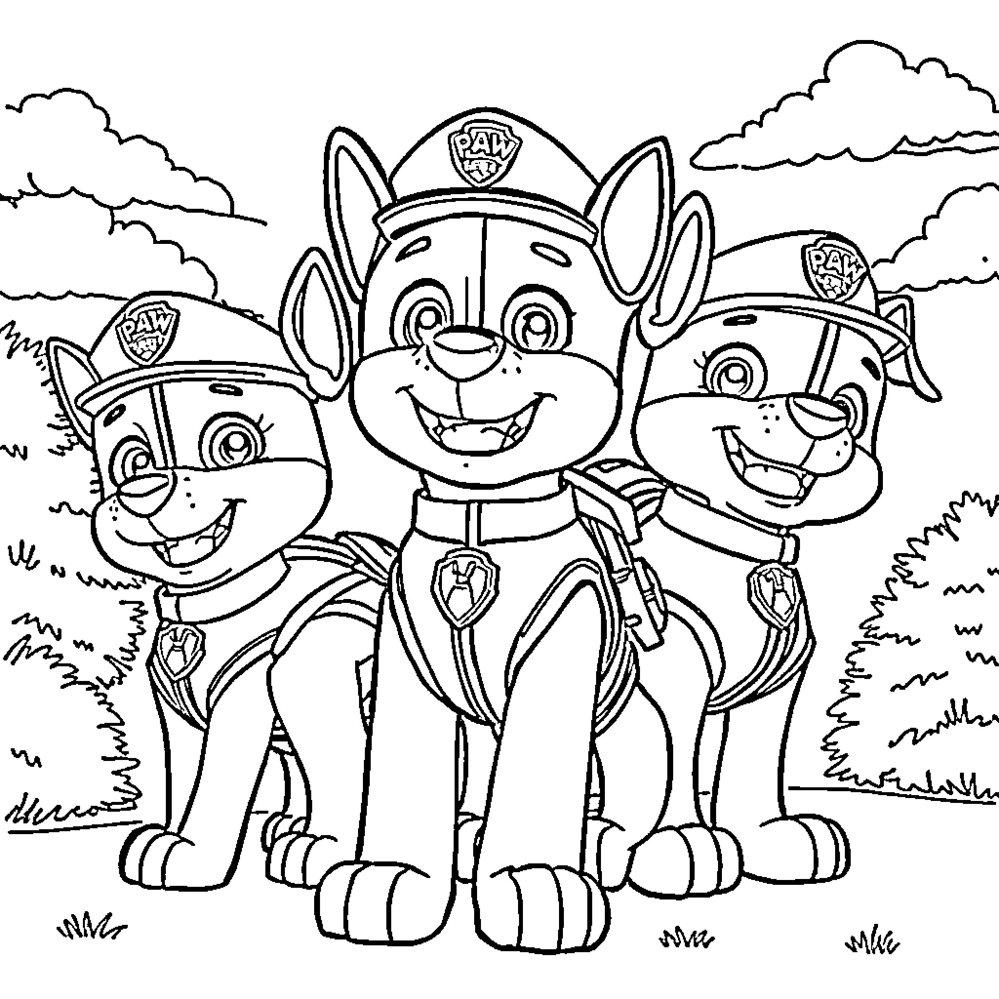 Paw Patrol Trio Exploring the Outdoors Coloring Page (free black-and-white line drawing printable PDF for all, from beginners to advanced learners, including children, teens, adults, and seniors)