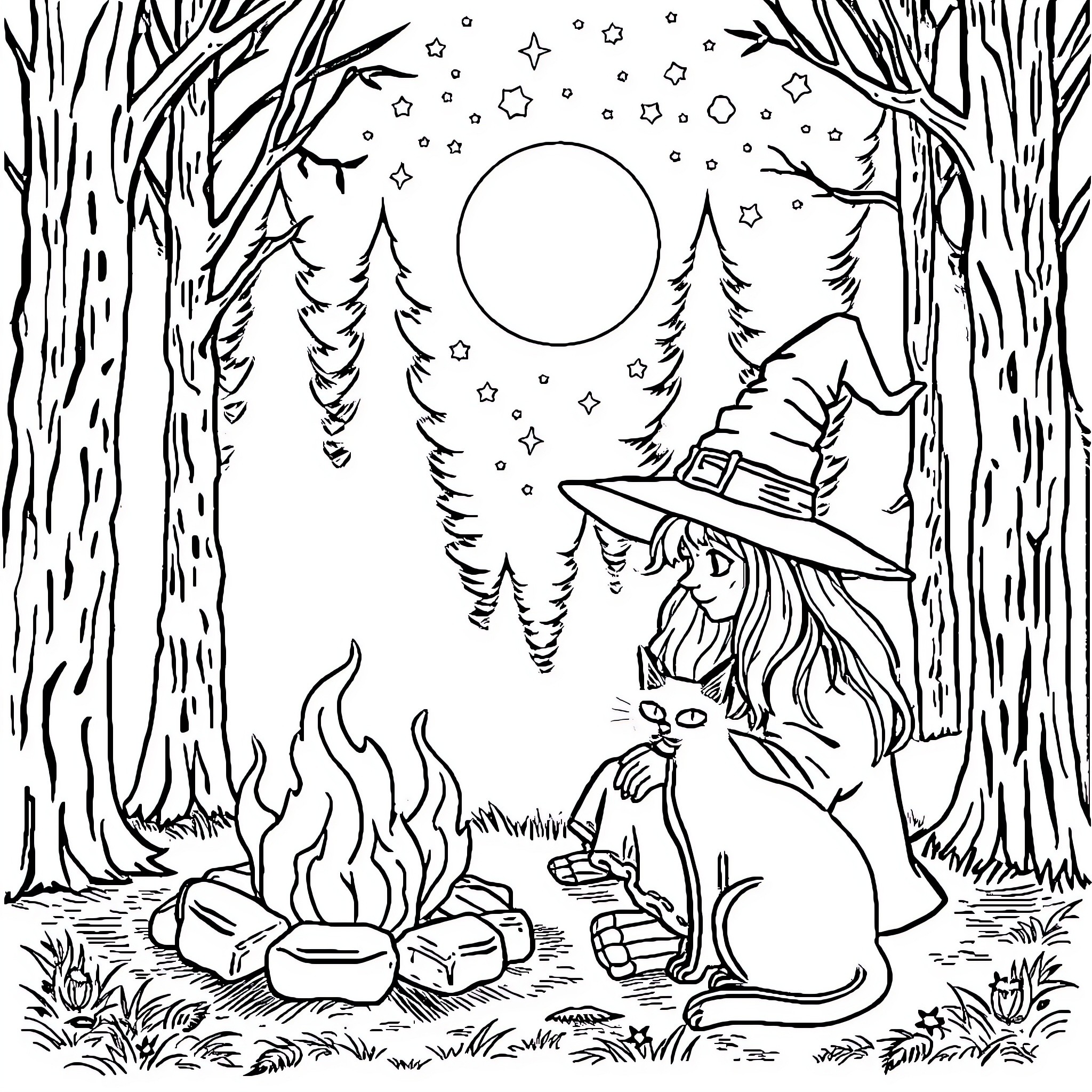 Witch Brewing Potion in Moonlit Forest Coloring Page (free black-and-white line drawing printable PDF for all, from beginners to advanced learners, including children, teens, adults, and seniors)