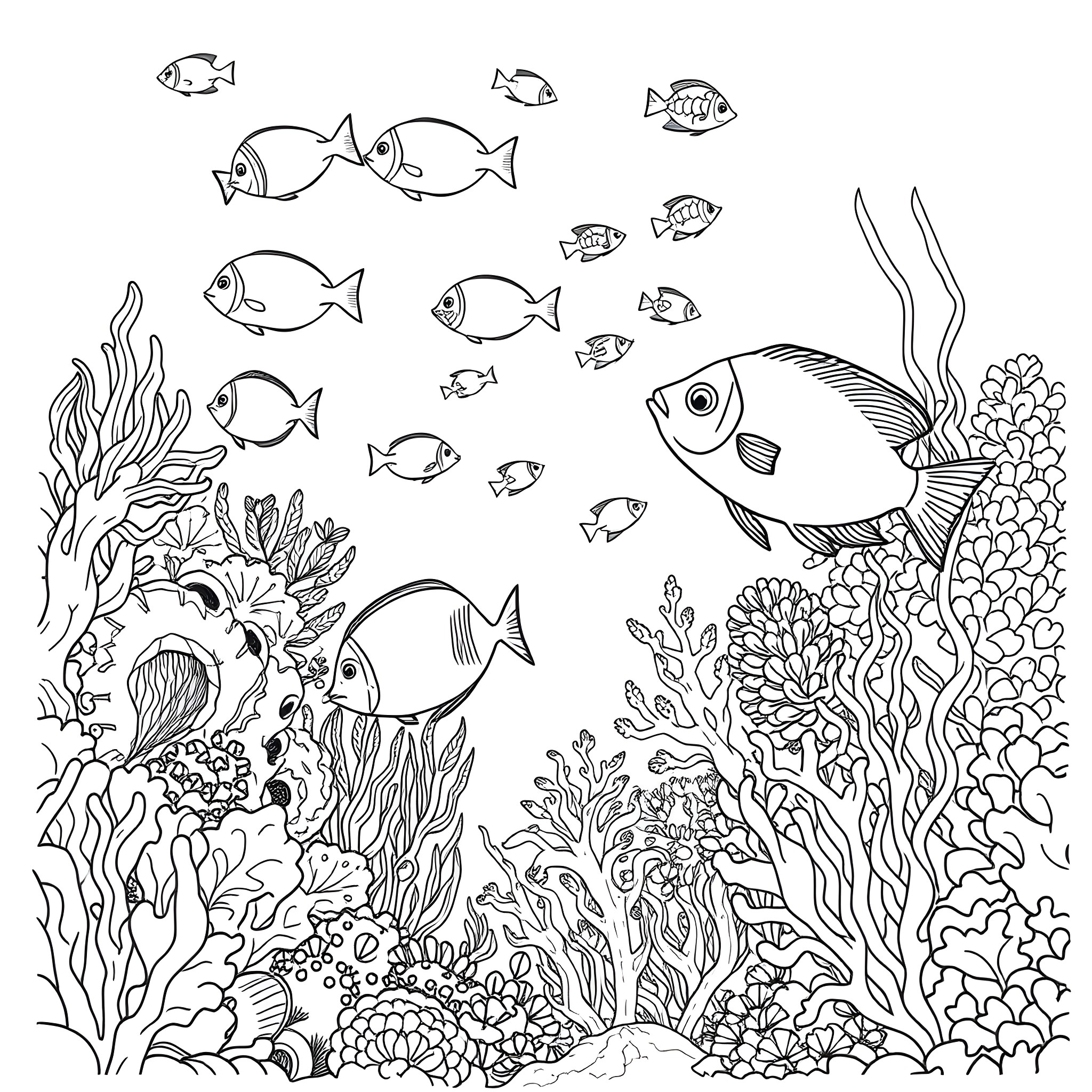 Tropical Fish Swimming in Colorful Coral Reef Coloring Page (free black-and-white line drawing printable PDF for all, from beginners to advanced learners, including children, teens, adults, and seniors)