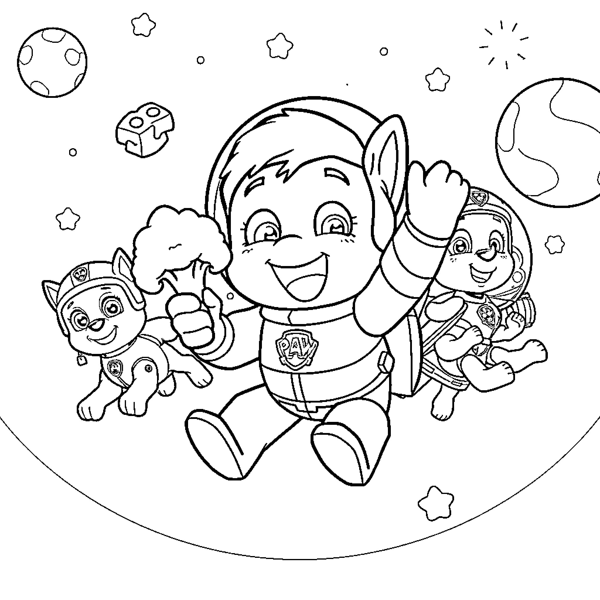 Nobita's Cosmic Adventure with Paw Patrol Pups Coloring Page (free black-and-white line drawing printable PDF for all, from beginners to advanced learners, including children, teens, adults, and seniors)