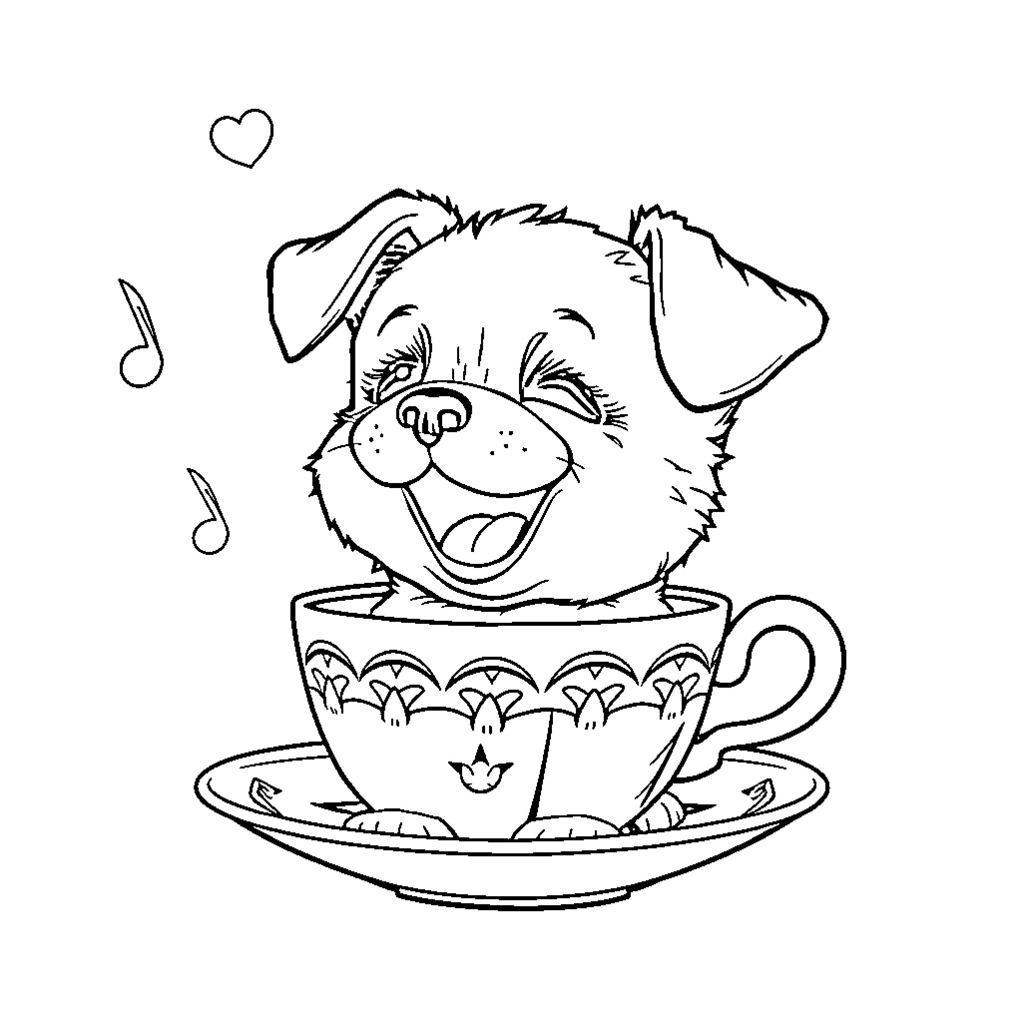 Puppy happily sitting in a decorated teacup Coloring Page (free black-and-white line drawing printable PDF for all, from beginners to advanced learners, including children, teens, adults, and seniors)