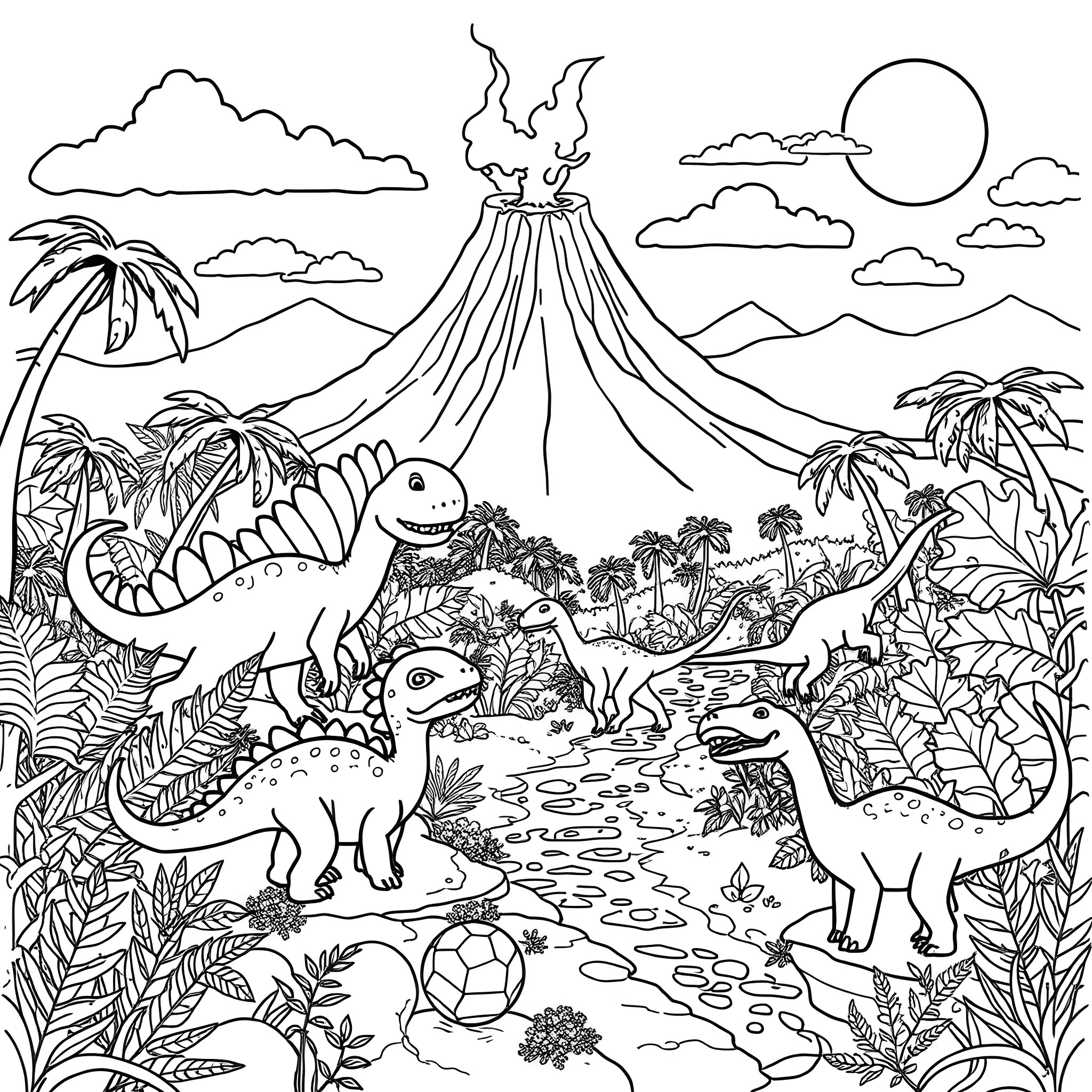 Dinosaurs exploring the prehistoric landscape Coloring Page (free black-and-white line drawing printable PDF for all, from beginners to advanced learners, including children, teens, adults, and seniors)