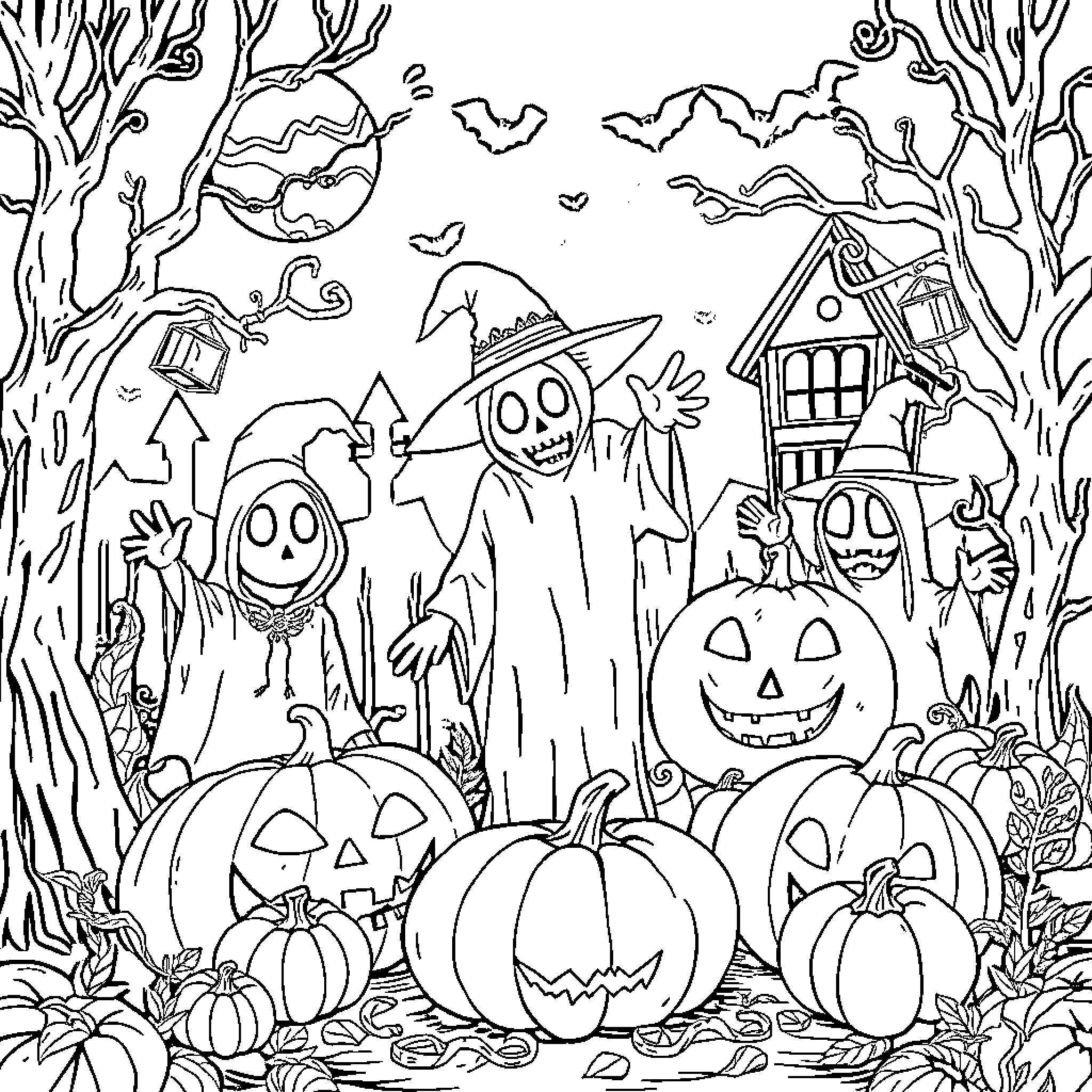 Halloween spooky characters in the haunted forest Coloring Page (free black-and-white line drawing printable PDF for all, from beginners to advanced learners, including children, teens, adults, and seniors)