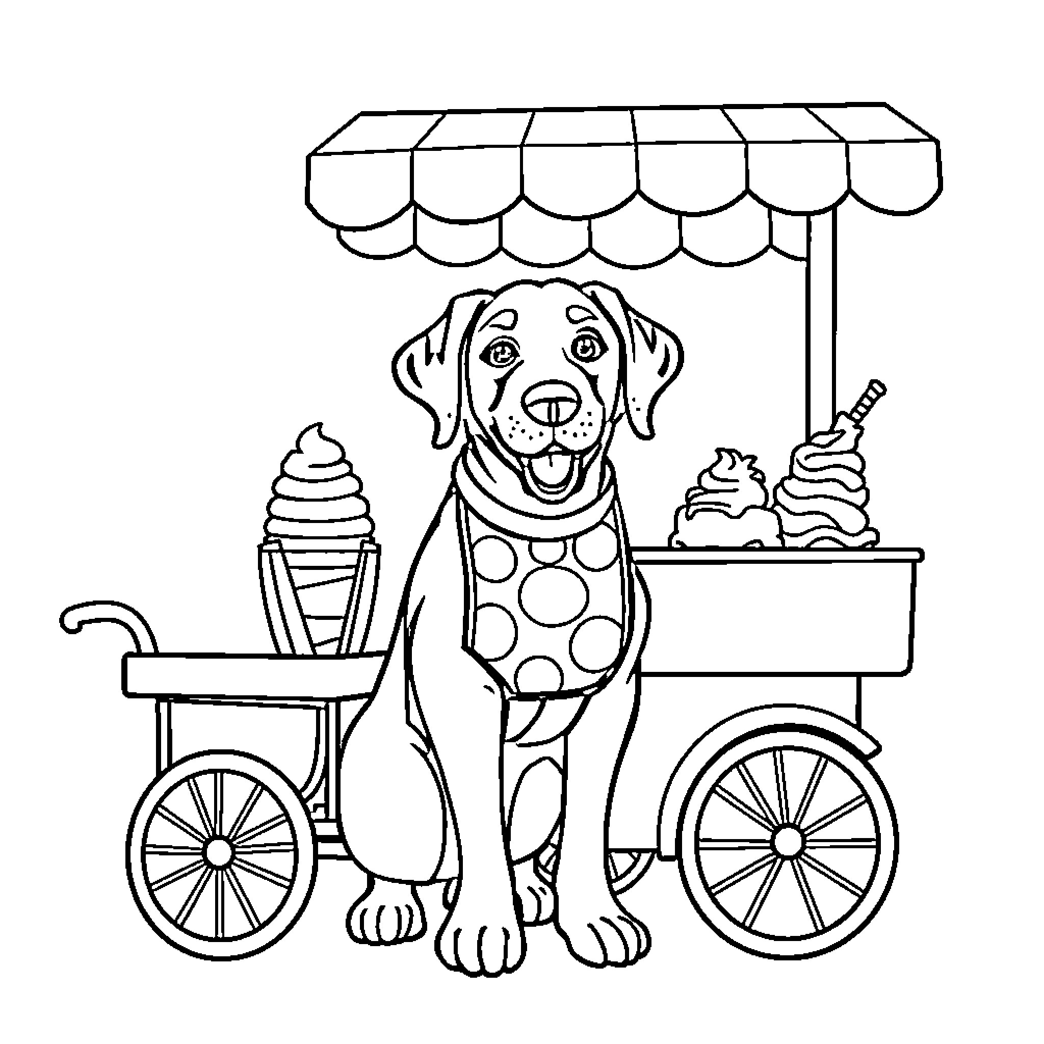 Labrador selling ice cream treats from a cart Coloring Page (free black-and-white line drawing printable PDF for all, from beginners to advanced learners, including children, teens, adults, and seniors)