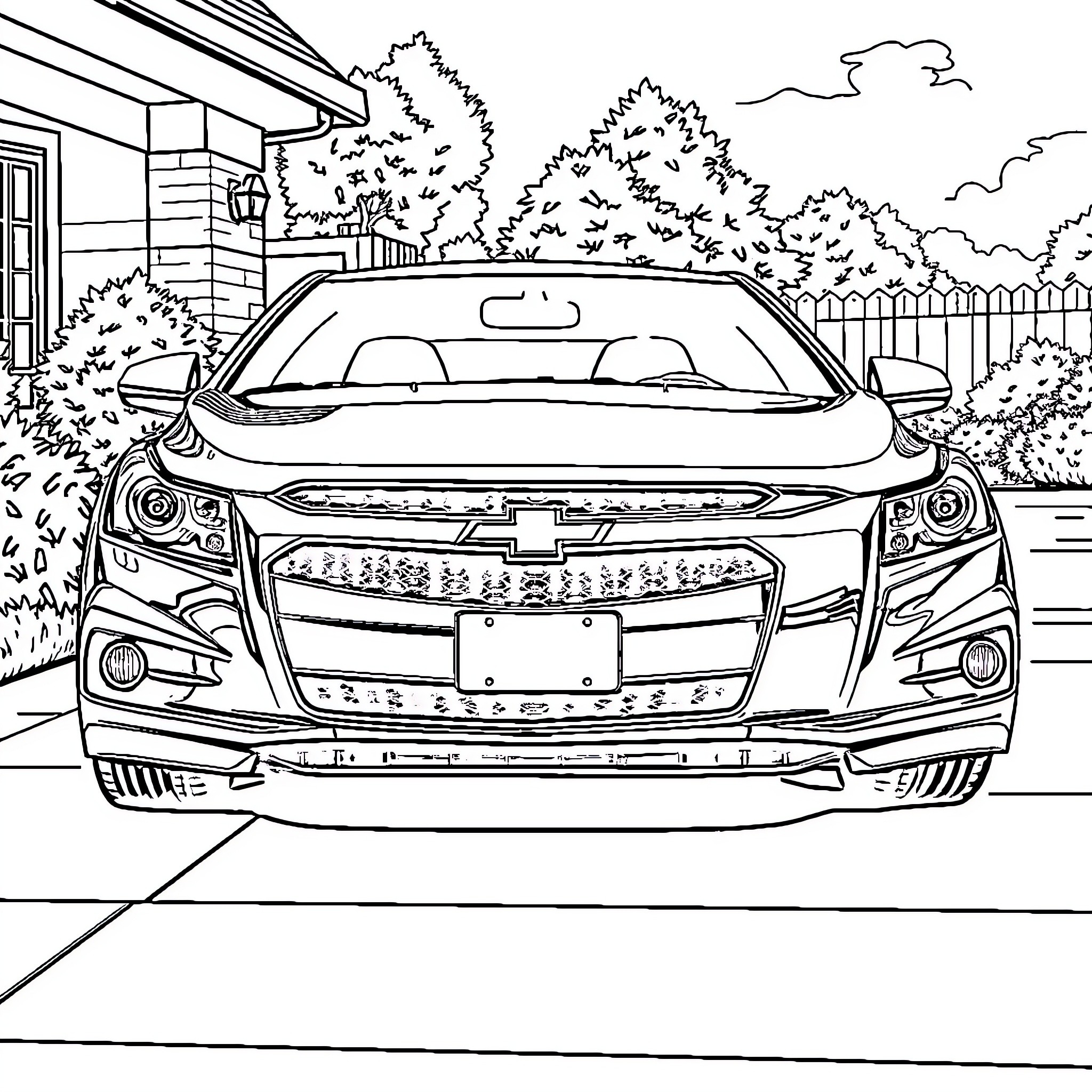 Chevrolet Cruze parked in front of a suburban home Coloring Page (free black-and-white line drawing printable PDF for all, from beginners to advanced learners, including children, teens, adults, and seniors)